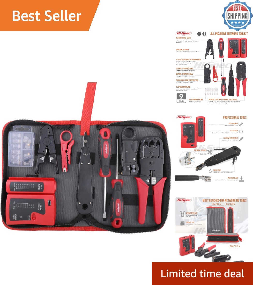 Battery-Powered Cable Testing & Crimping Toolkit - 9pc Set for Ethernet Networks