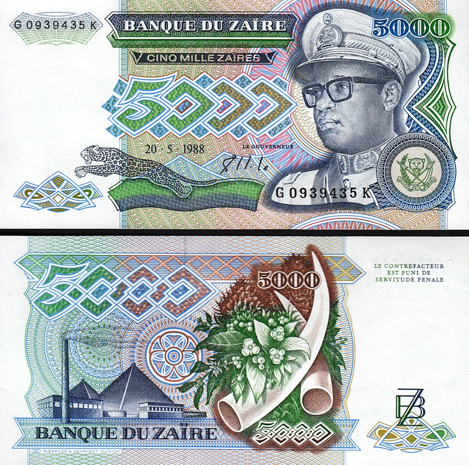 Zaire 5000 Zaires 1988, UNC, P-37b