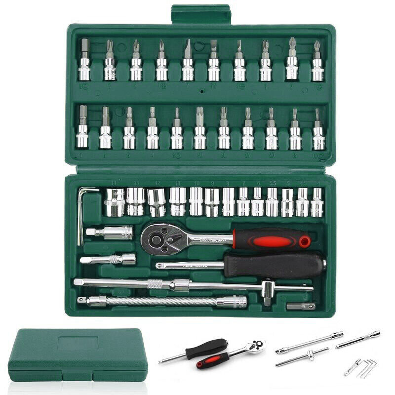 46Pcs Socket Set Car Repair Tool Ratchet Torque Wrench Kit 1/4" Drive with Box