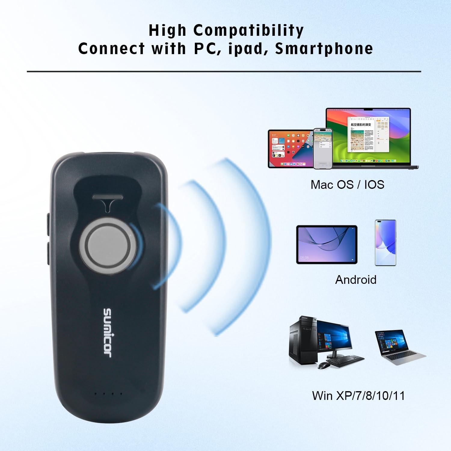 Portable 2D Bluetooth Barcode Scanner, 1500mAh Rechargeable Battery with Leve...