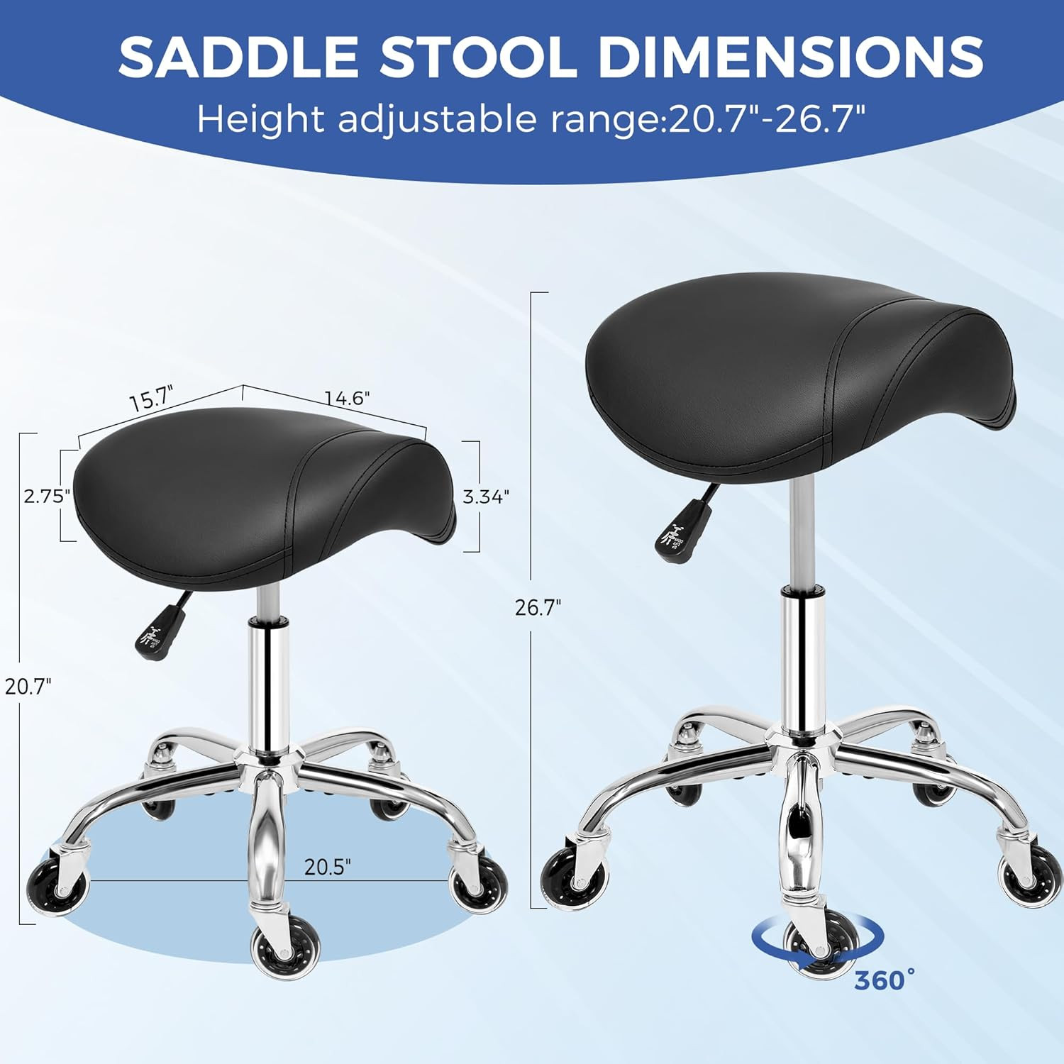 Saddle Stool with Wheels Ergonomic Swivel Adjustable Rolling Stool with PU Leath