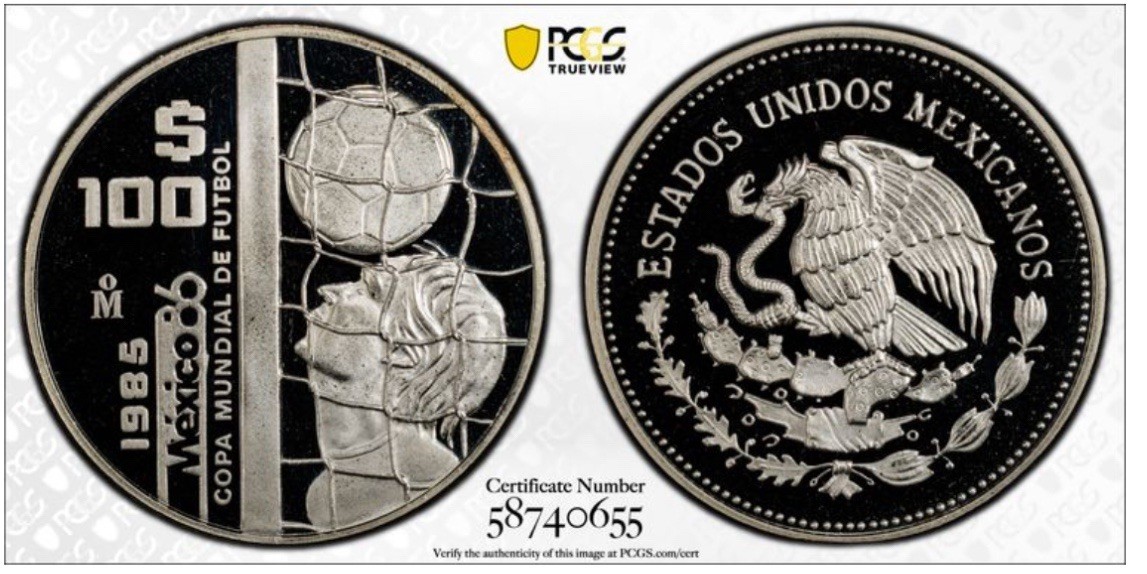 1985-MEXICO SILVER 100 PESOS-Goalie PROFILE-PCGS PF 69 Deep CAMEO-TOP POP