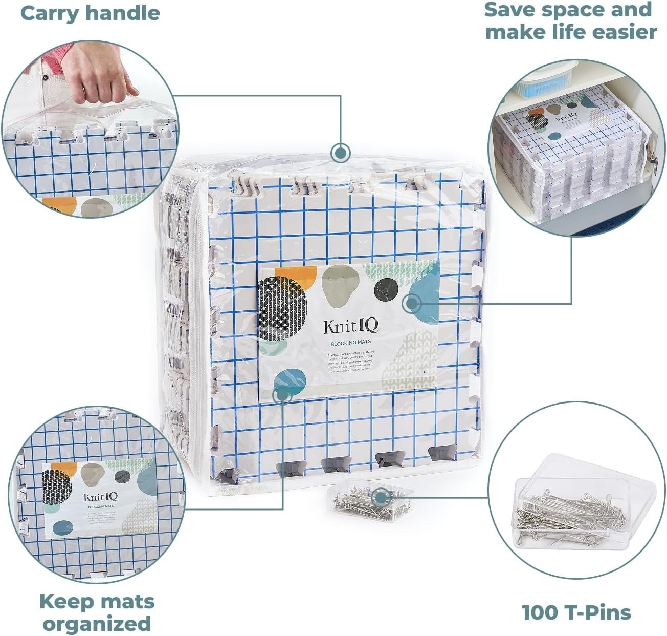 Knitting Blocking Mat Set - Gridlines, T-Pins, Storage Bag