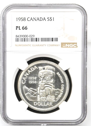 1958 Canada Silver Dollar, NGC PL 66, KM-54, British Columbia Centennial