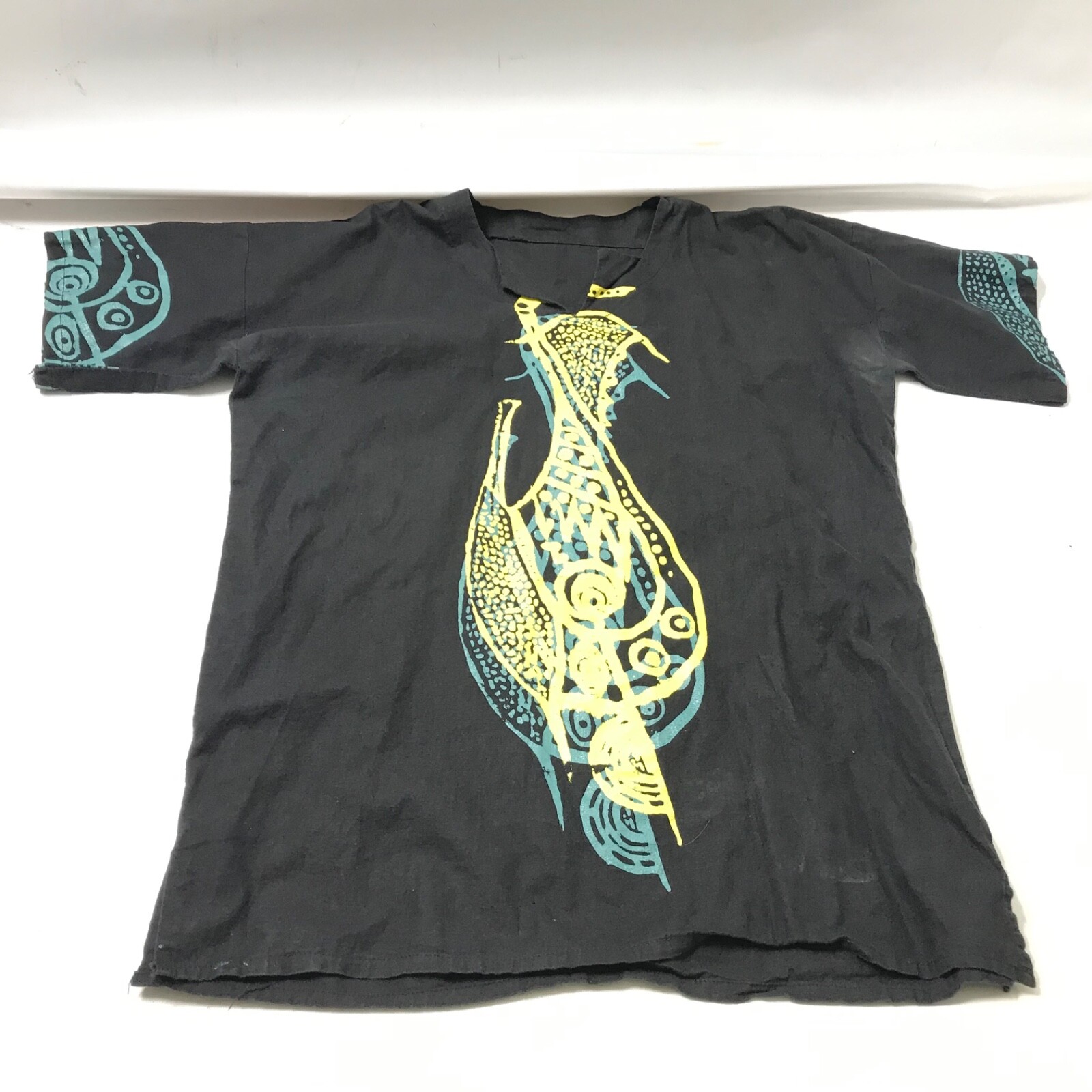 African Men Women Dashiki Hippie Cotton Shirt Black Green Handmade Tie Dye Sz L