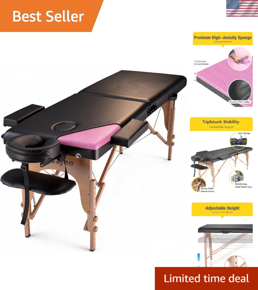 Professional Folding Massage Table, 84" Black, with Easy Clean Leather Finish