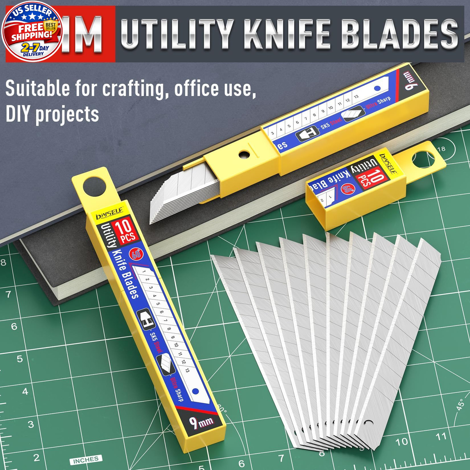 DIYSELF 50Pcs 9mm Utility Knife Replacement Blades, Snap 50-Pack(60°), 60°