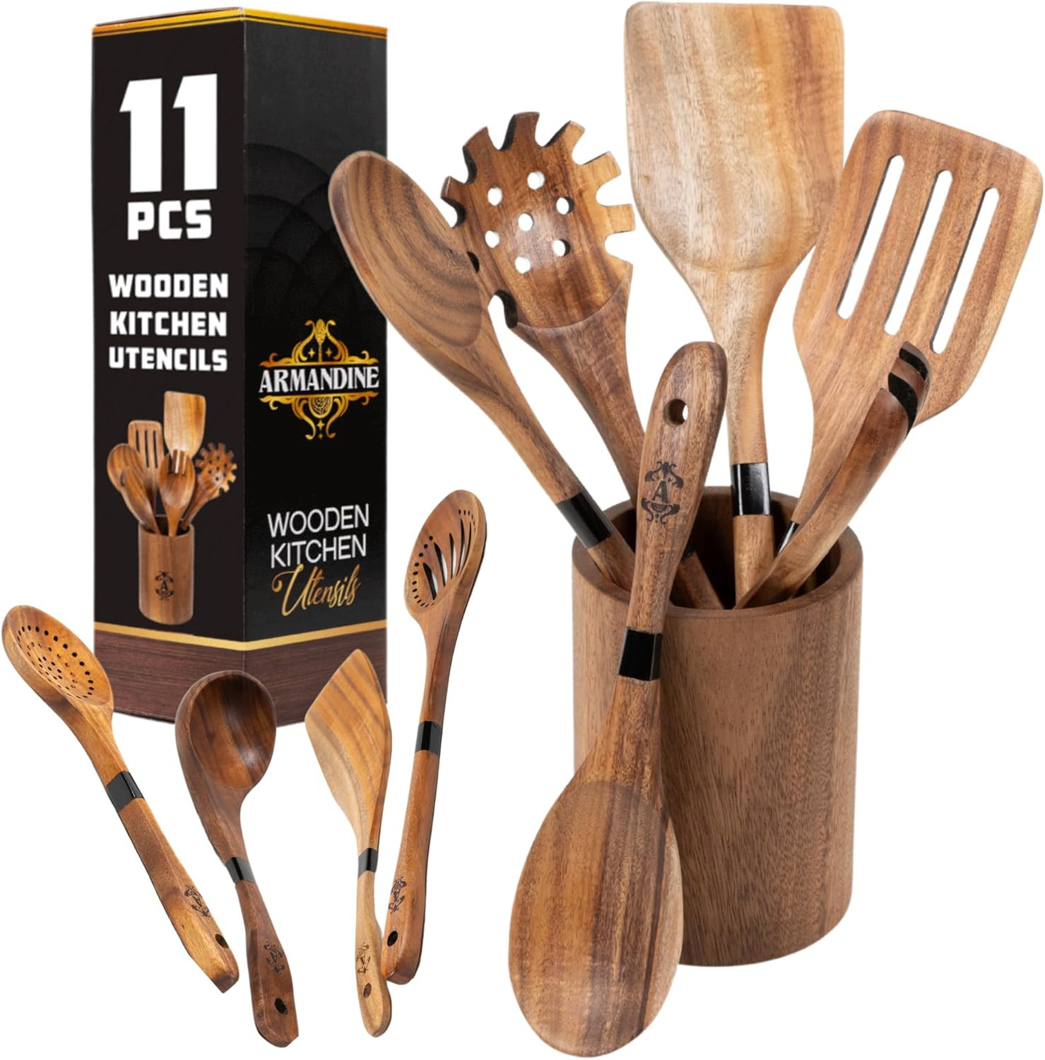 Teak Wooden Spoons for Cooking 11-Piece - Non-Stick & Non-Scratch Wooden Cooking