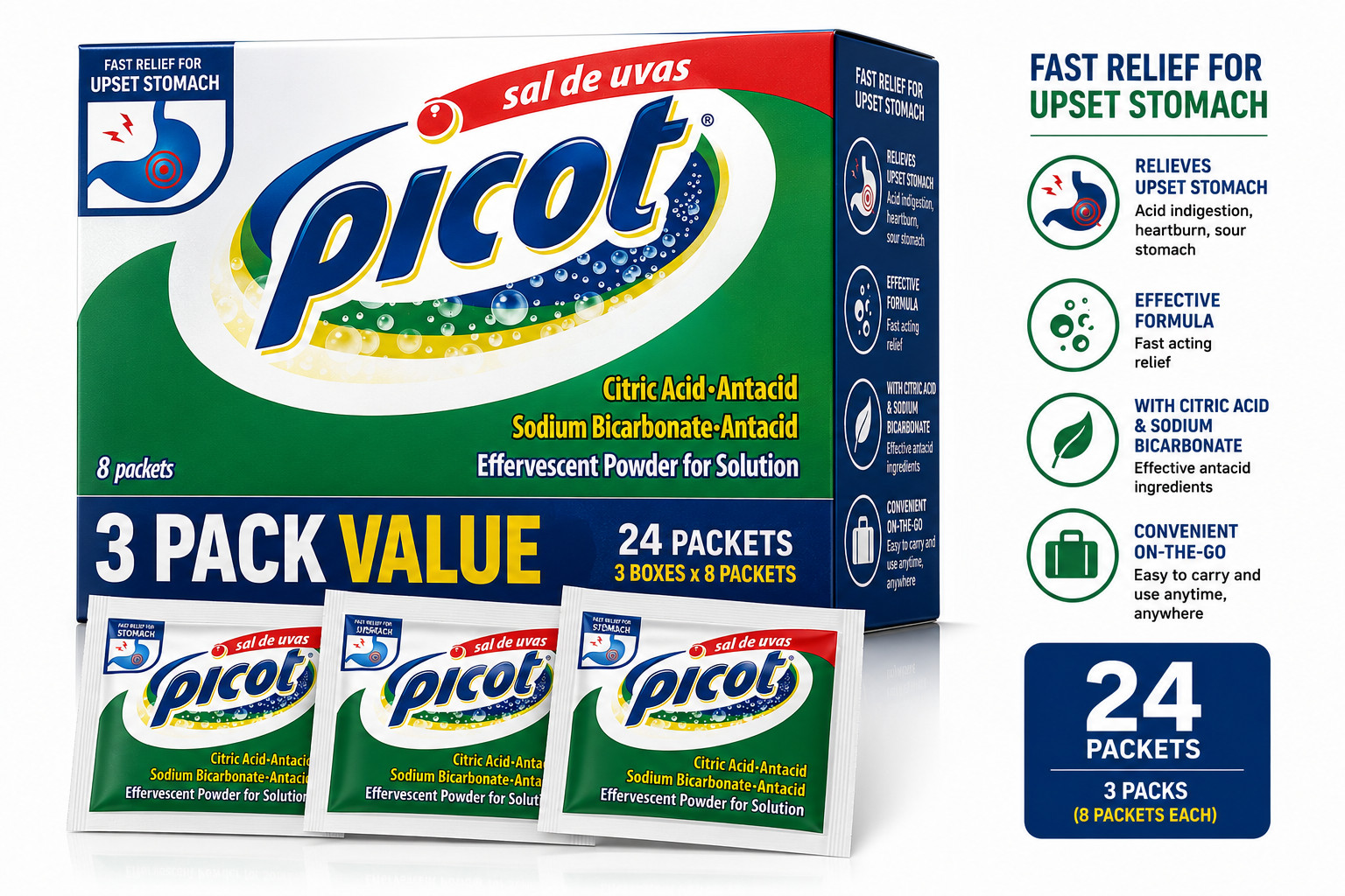 Picot Sal de Uvas 3 Pack (24 total Packets)Fast Acting Antacid for Heartburn.