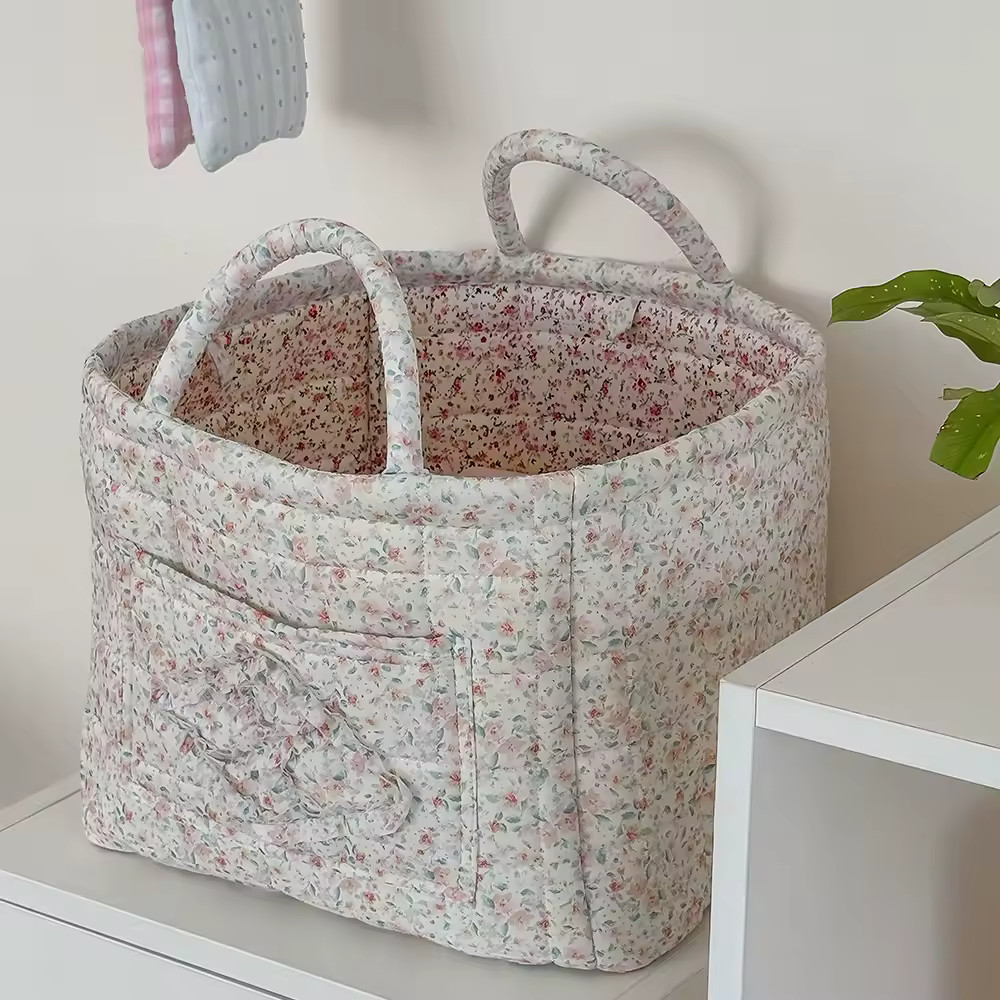 Vintage Floral Quilted Storage Basket - Foldable Organizer with Handle