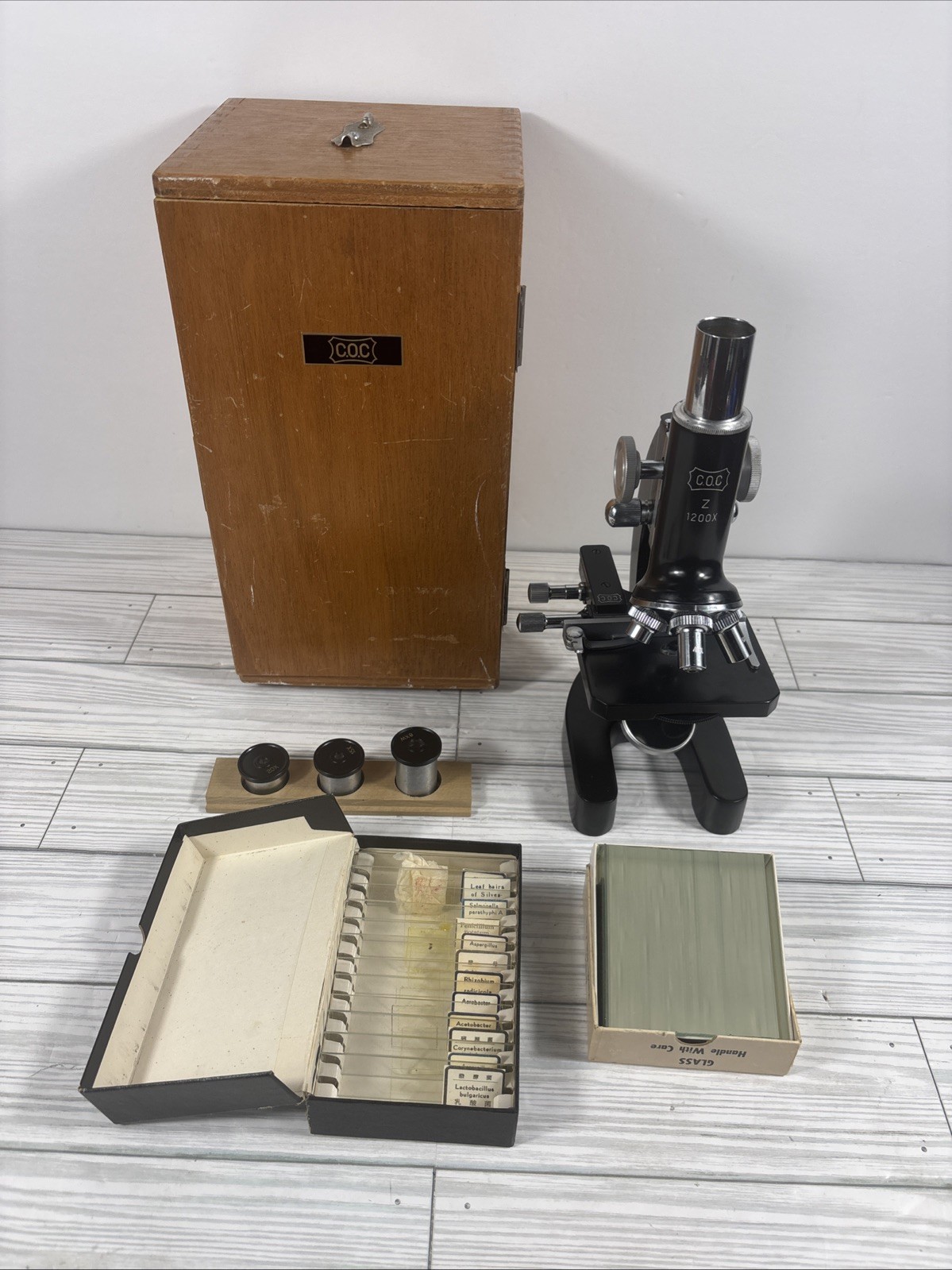 RARE Vintage COC Microscope Z1200X w/3lenses,Slides,&Original Box Japan UNTESTED