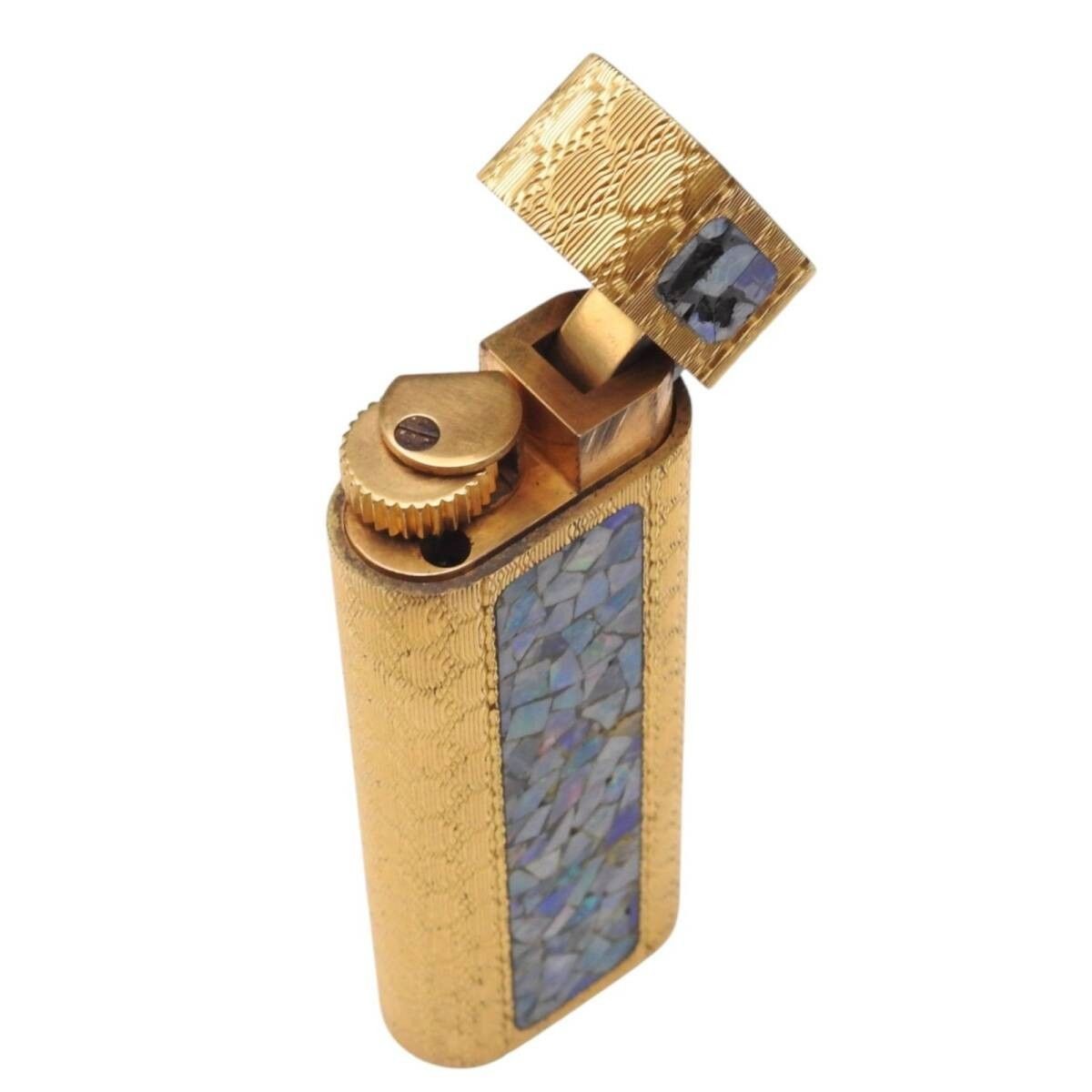 Cartier Mosaic Opal Gas Lighter Gold Rotary Flare Ignition Verified