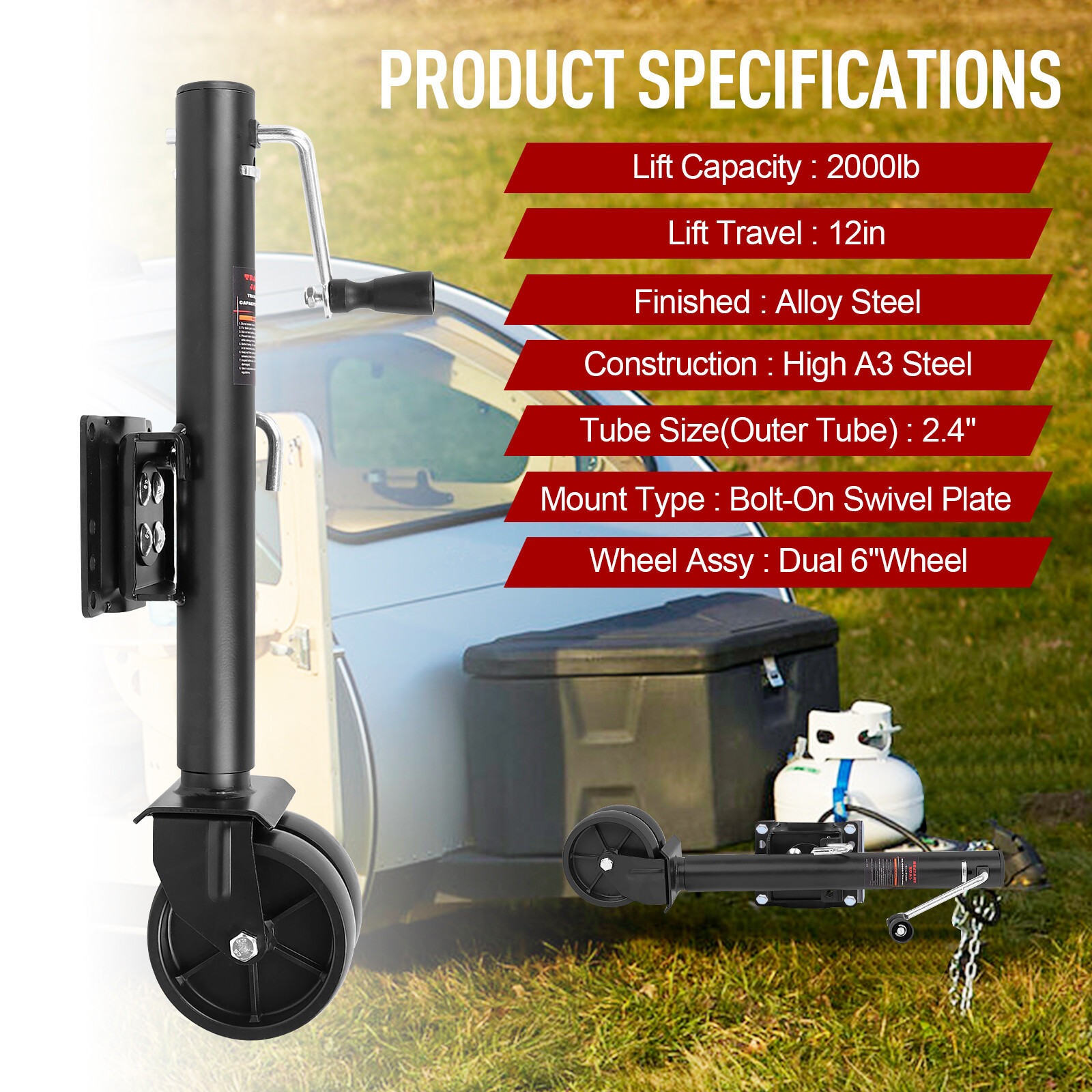 Swivel Bolt on Boat Trailer Jack Stand Dual Wheel 2000 lbs 12"Lift RV Utility