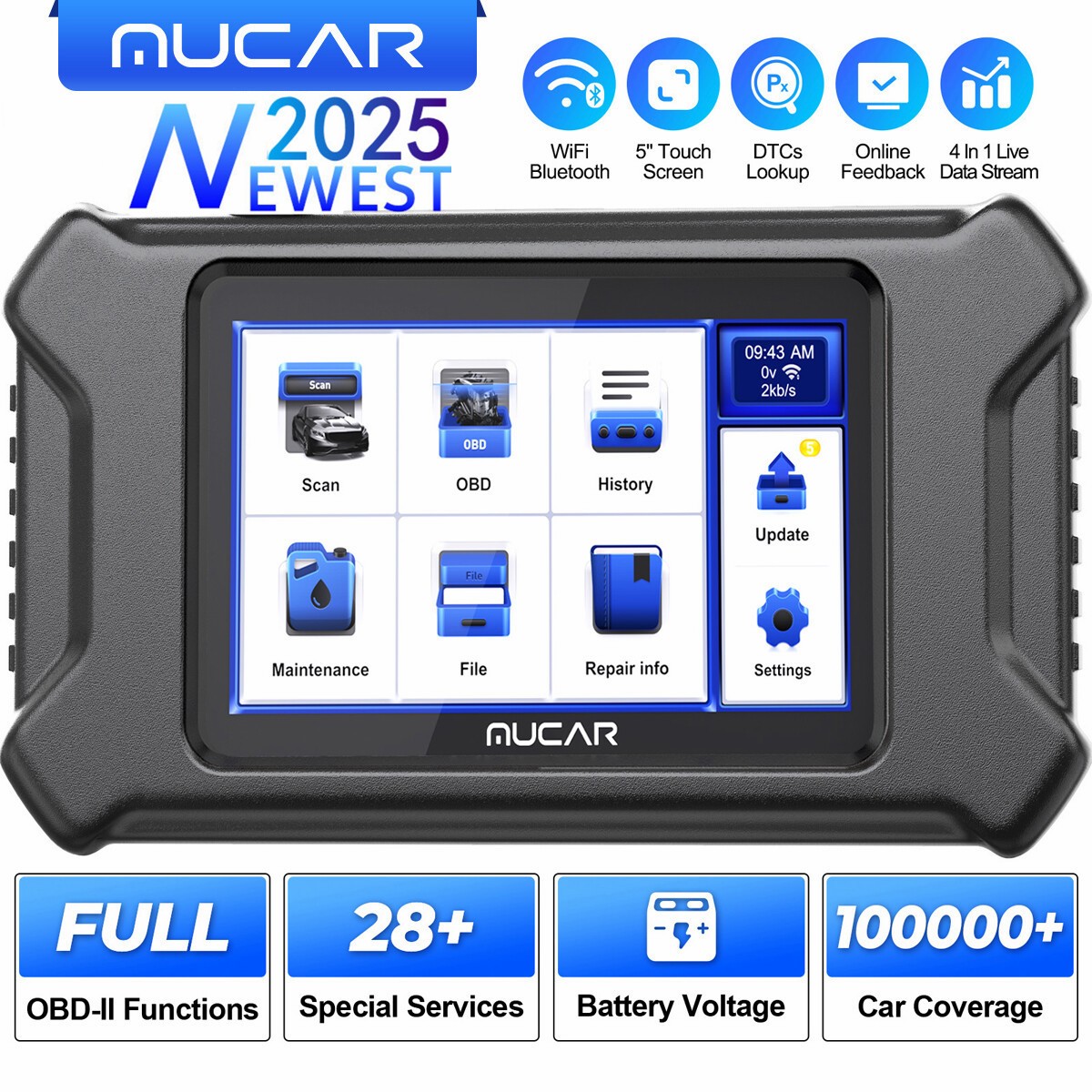 MUCAR OBD2 Scanner Engine Fault Diagnostic Tool Code Reader 28 Resets Service