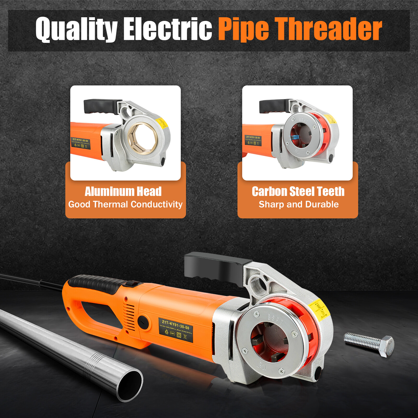 Compact Electric Pipe Threading Machine with 6 Dies, 2300W Power