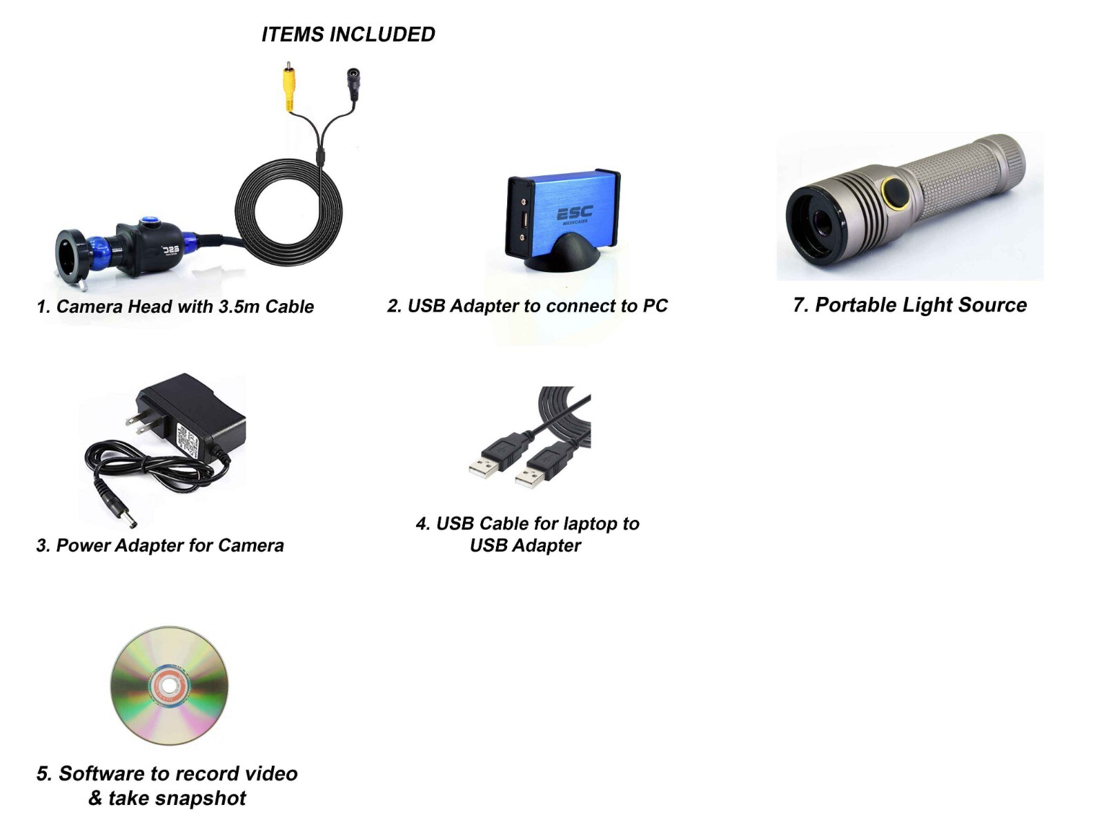 USB Endoscopy Camera HD w/ Portable Cold LED Light Source for Rigid Endoscopes
