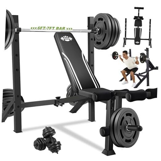 900LBS Olympic Weight Bench Set with Squat Rack Adjustable Bench Press Dark