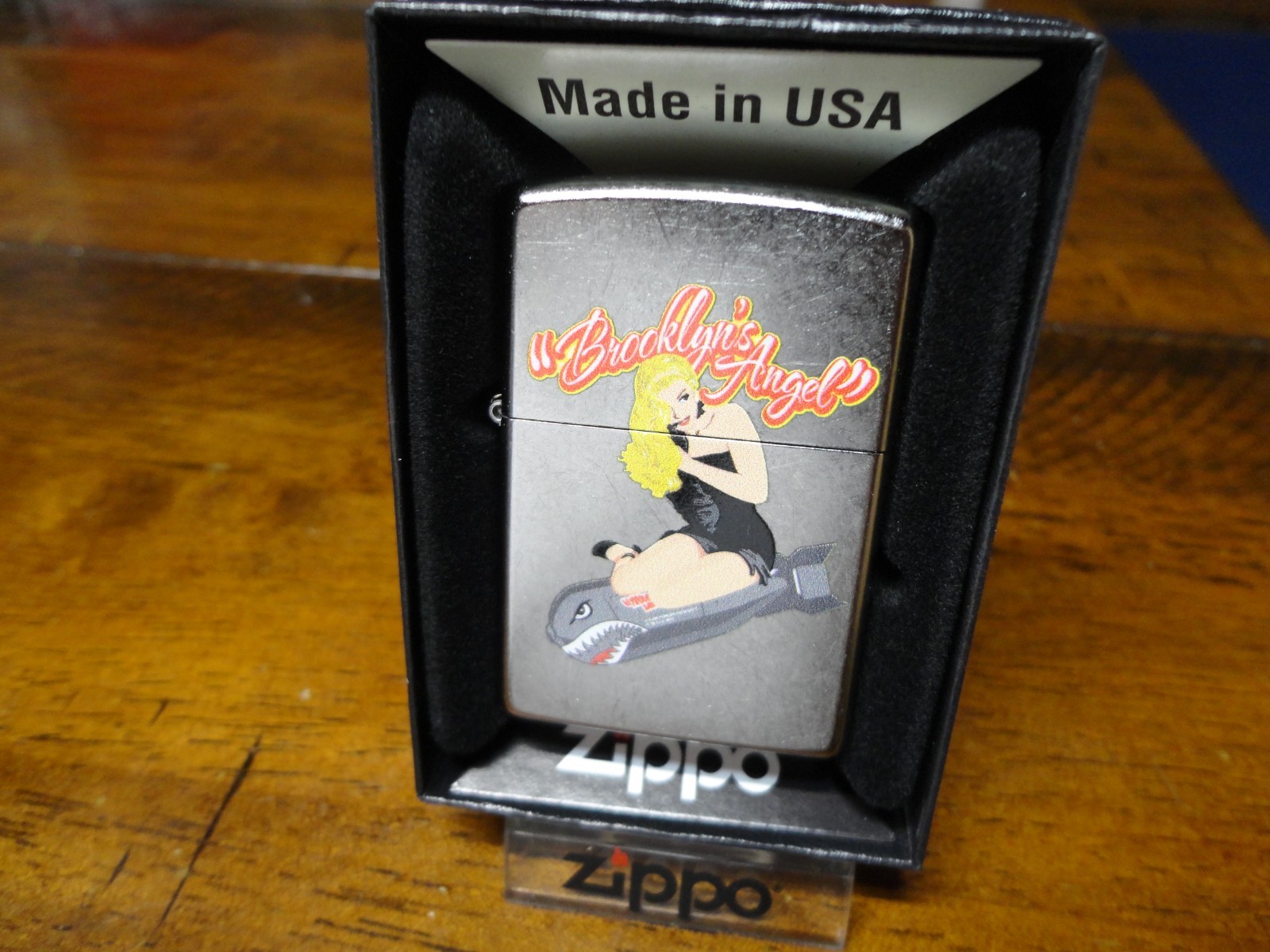 BROOKLYN'S ANGEL NOSEART PINUP GIRL BLONDE RIDING BOMB ZIPPO LIGHTER MINT IN BOX