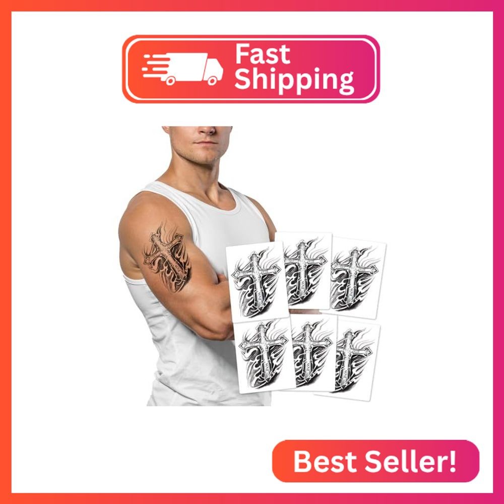 6-Sheet Arm Temporary Tattoos with Mysterious Cross, Waterproof Fake Tattoo Stic