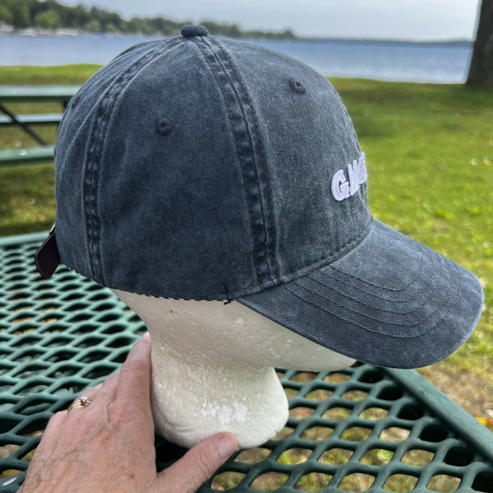 GAME DAY White Felt stitched Letters on Gray Hat Cap Stripe Lined Leather Strap