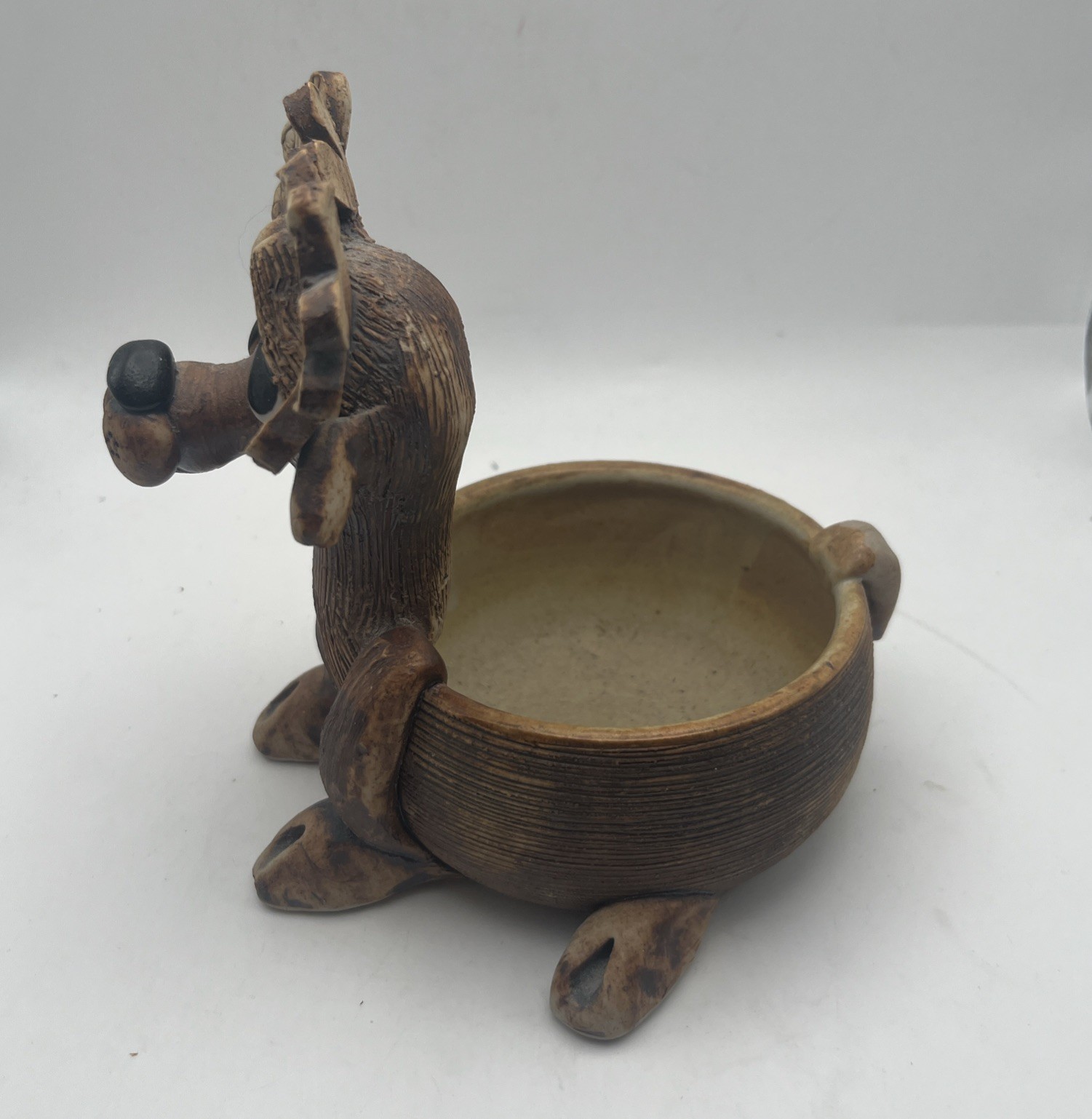 Handcrafted ceramic planter fashioned into a whimsical reindeer, Stamped EUC
