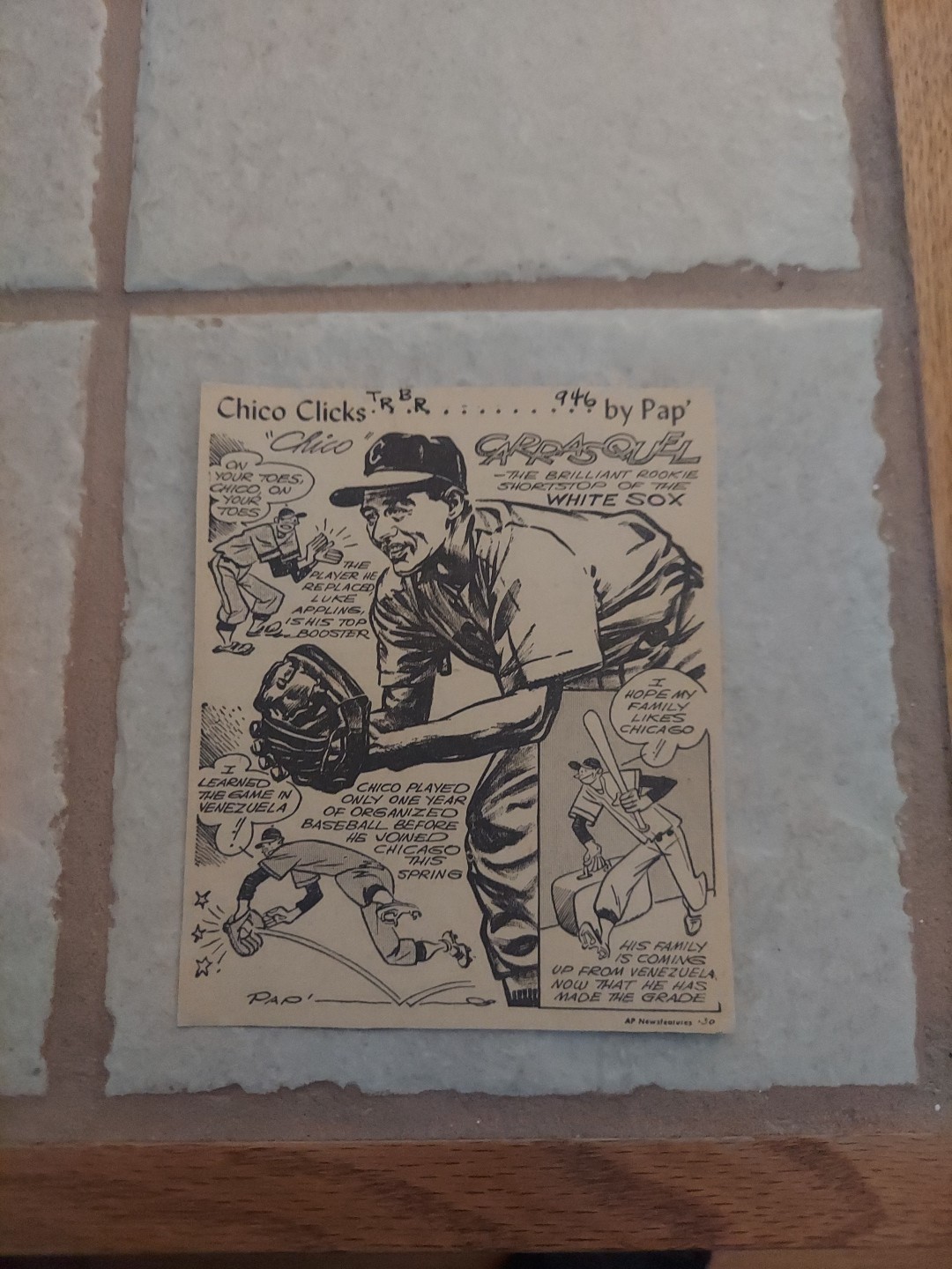 Chico Carrasquel  Baseball  Comic Sport Drawing Newspaper Clipping By Pap