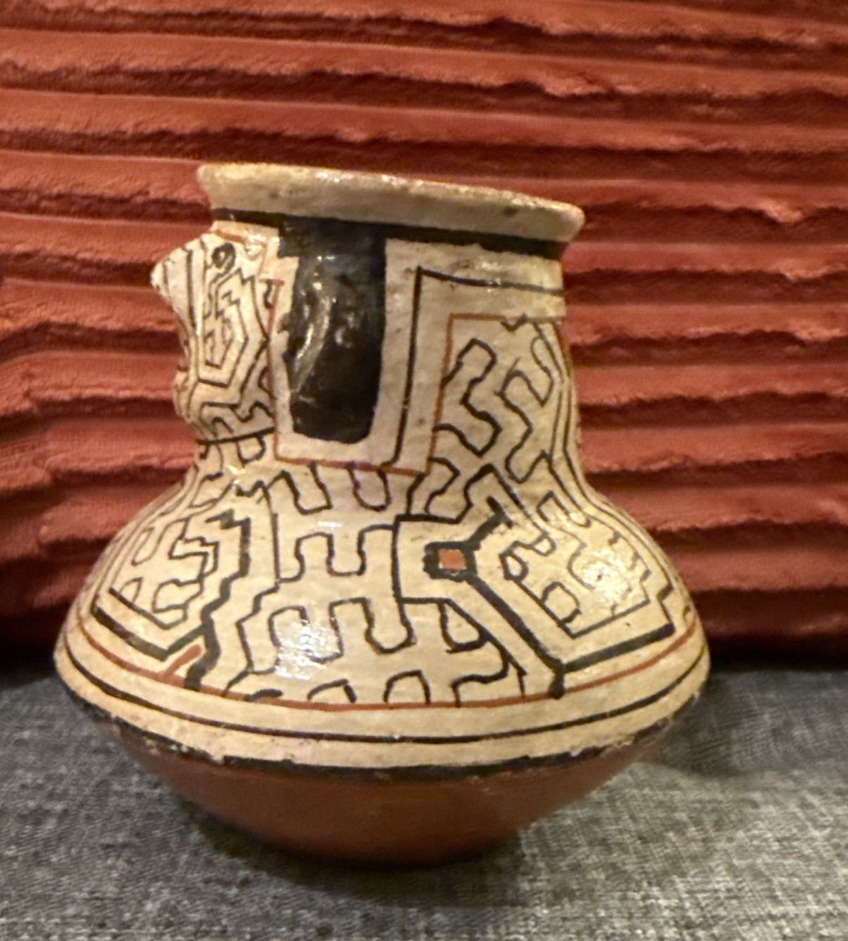 Vintage Peruvian Shipibo Conibo Hand Made Painted Face Clay Pottery Jug Peru 5.5