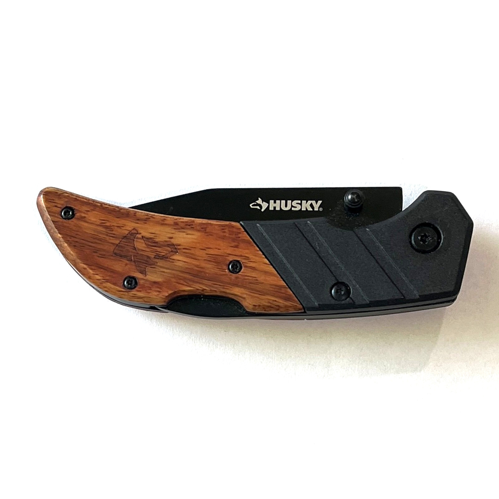 Husky Folding Pocket Utility Knife Box Cutter with Wood Handle and Clip 7.5"