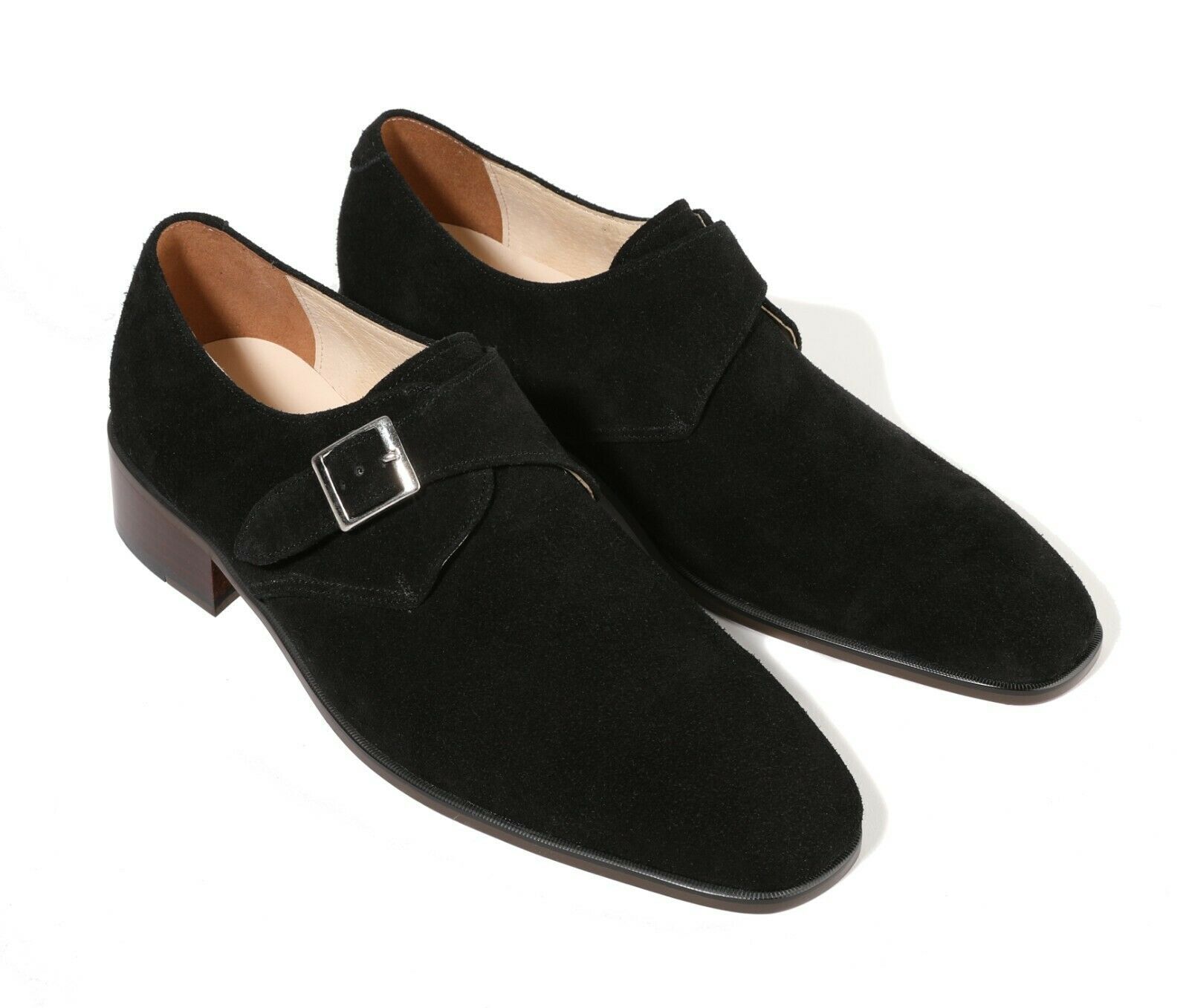 Men's Handmade Boots Firenze Atelier Black Suede Leather Single Monk Strap Shoes
