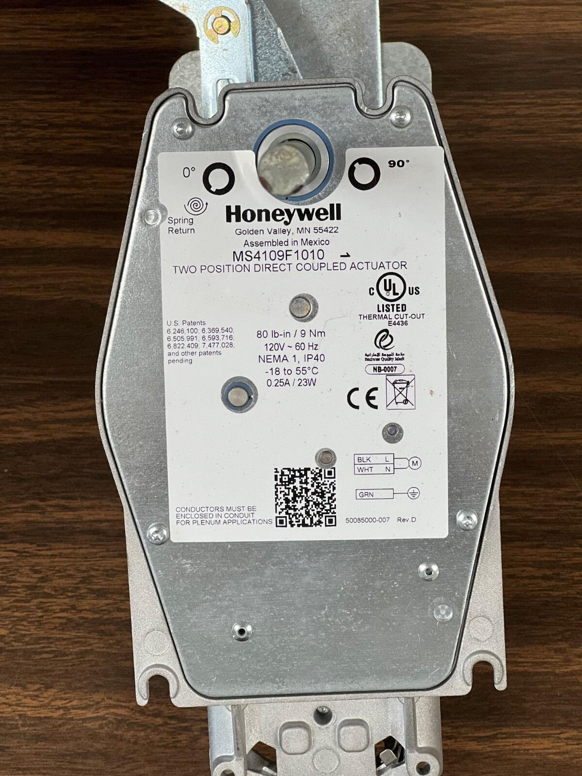 HONEYWELL MS4109F1010 Actuator, Damper, 80 in-lb, 120V NEMA 1