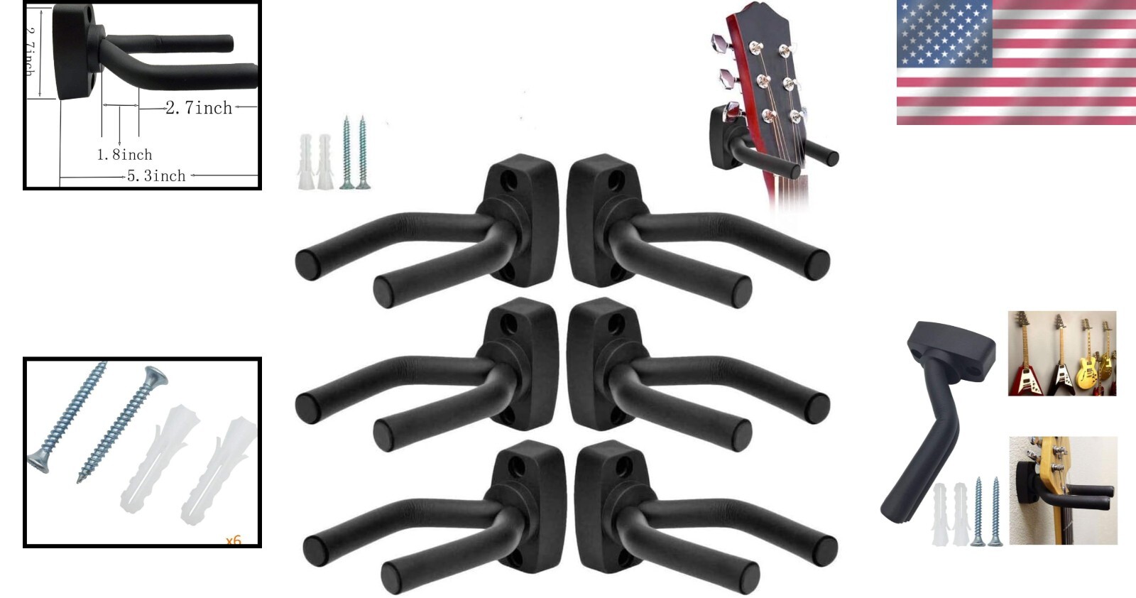 Durable 6 Hook Wall Mount Guitar Holder - Perfect for All String Instruments