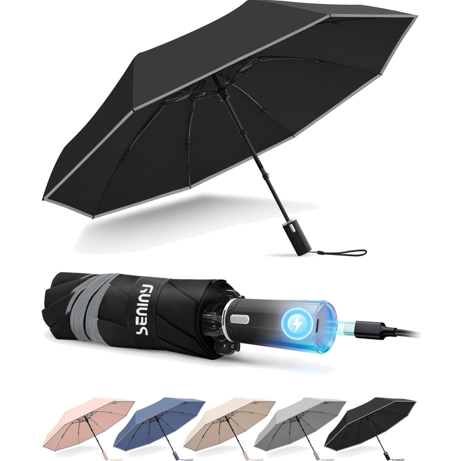 Seniny Rechargeable Electric Travel Umbrella Auto Open Close Windproof
