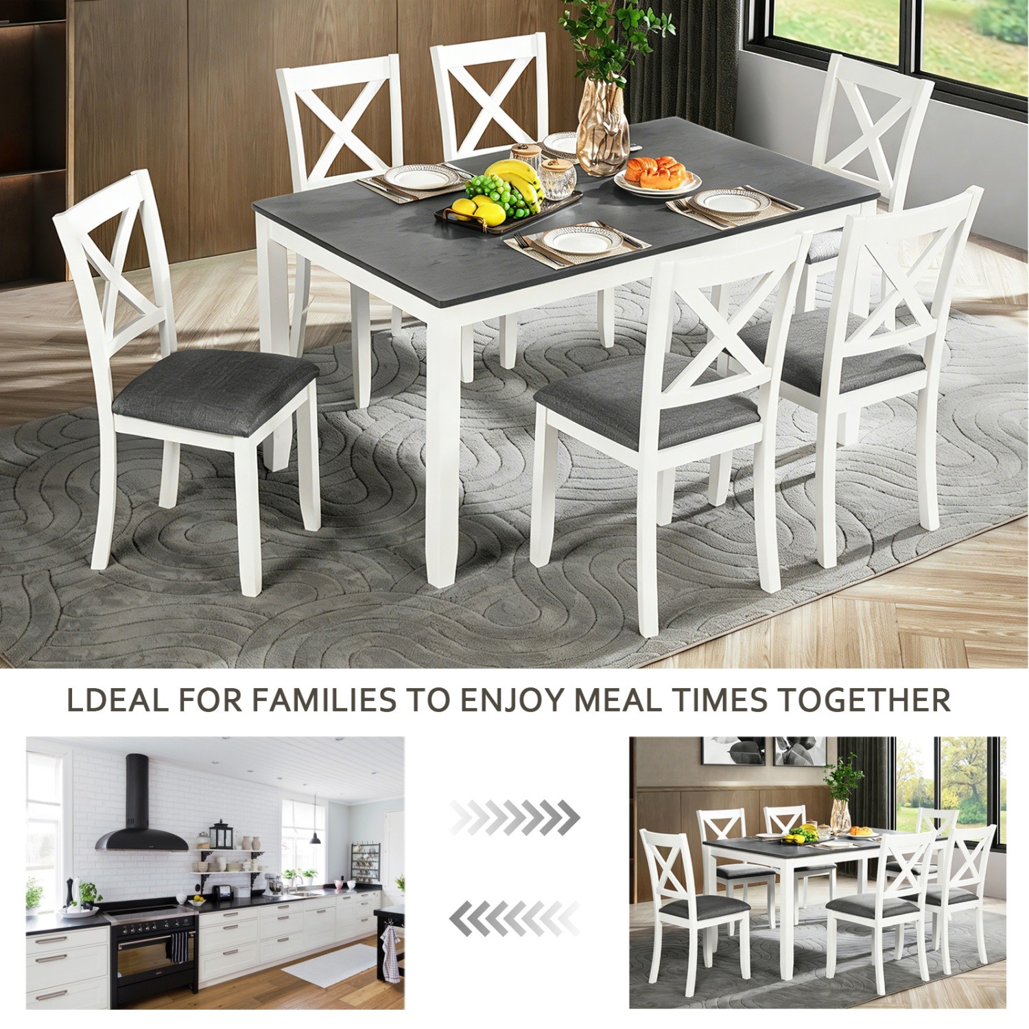 Modern 7-Piece Solid Wood Frame Dining Table Set w/ Table & 4 Upholstered Chairs