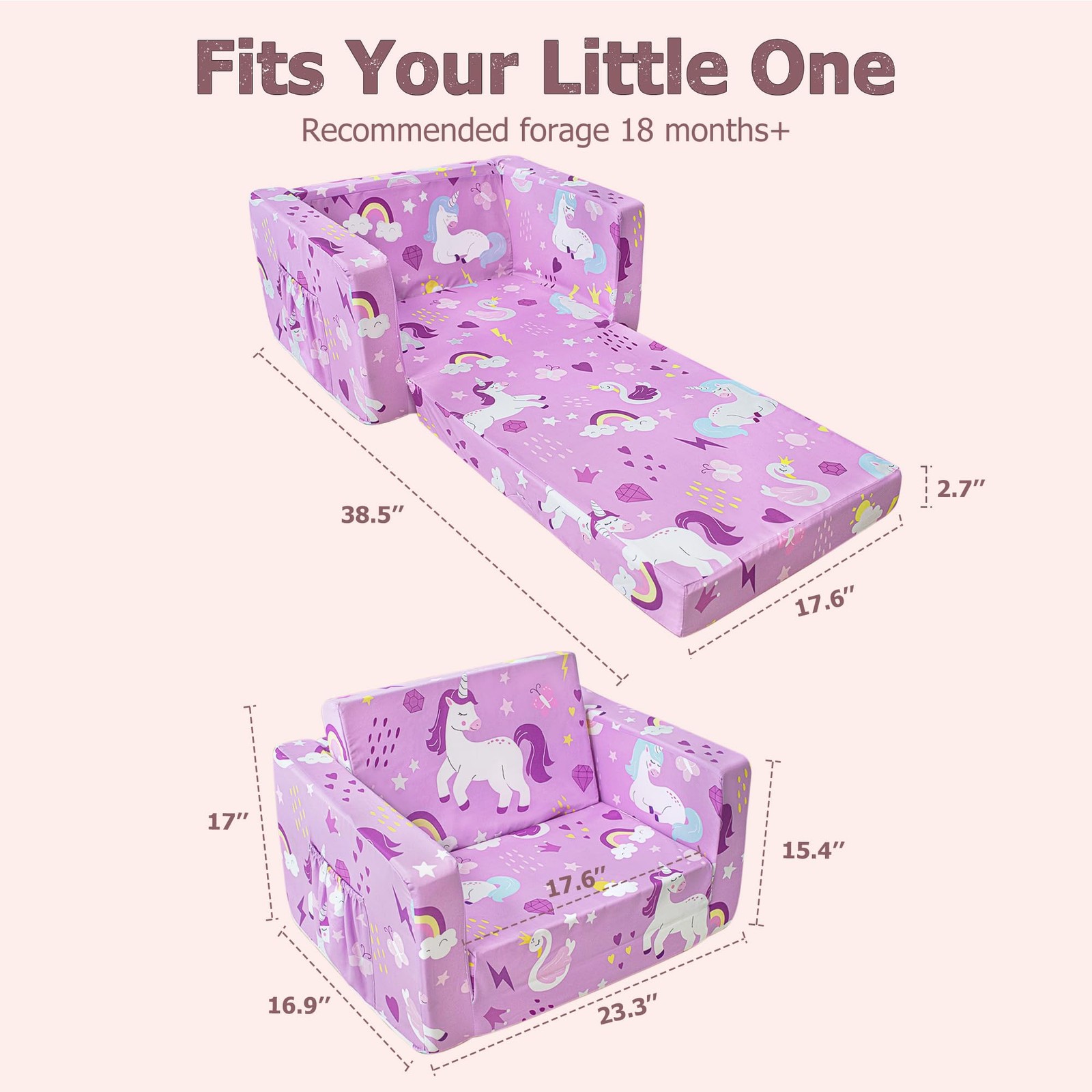 Couch, 2-in-1 Sofa Fold Out, Soft Chair for Boys and Girls, Convertible Sofa ...