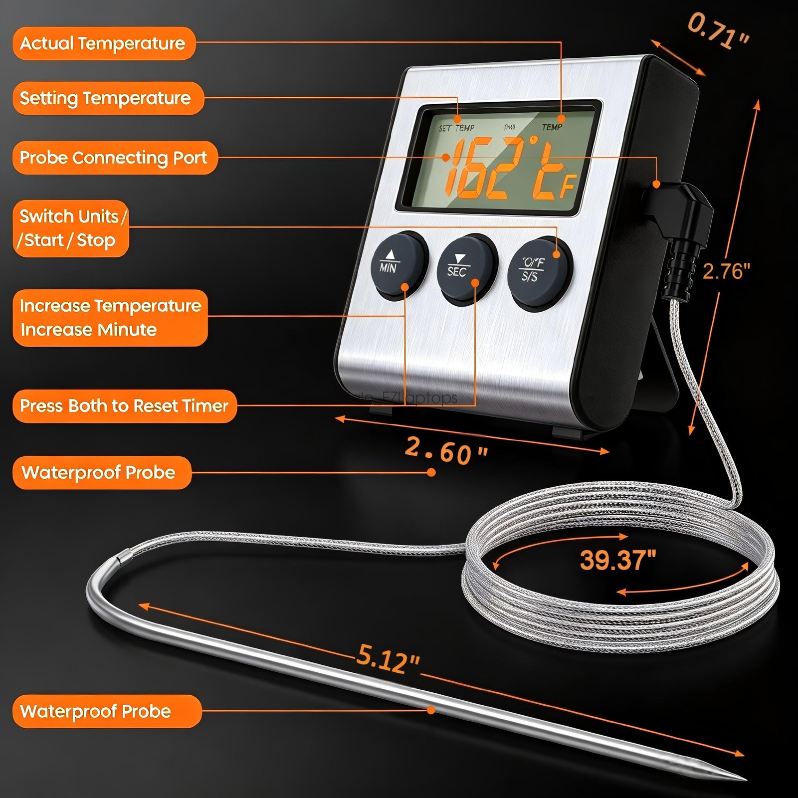 Remote Digital Kitchen Thermometer Timer Probe Meat Food Cooking Tool