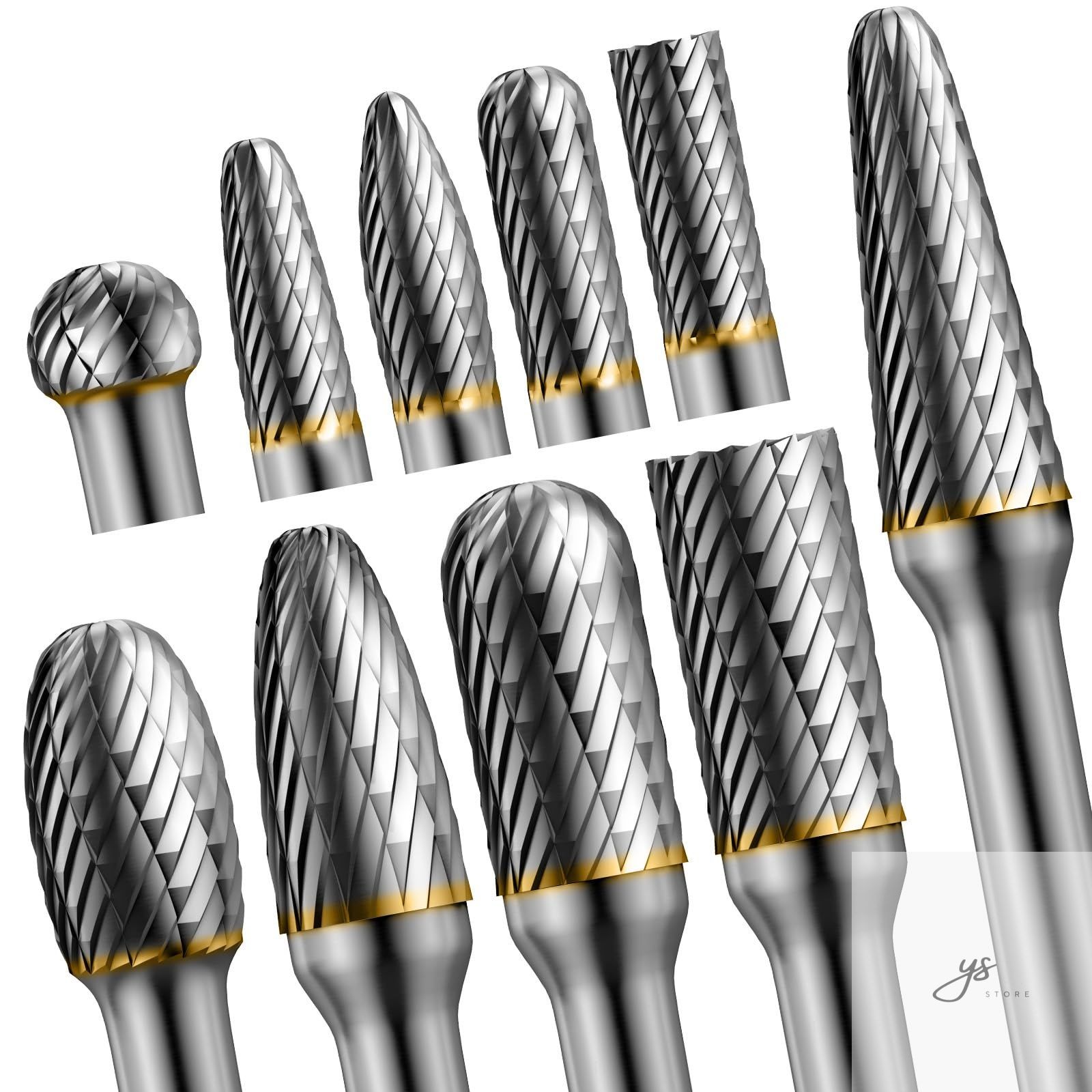 10pcs Die Grinder Bits w/ 1/4" Shank, Tungsten Carbide Burr Set for Metal Steel