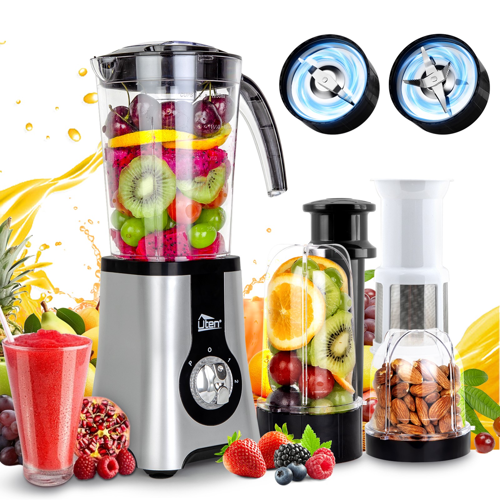 Uten 380W Smoothie Blender 5 Cups Pulse 0/1/2 Speed 2-in-1 Wet Dry Juicer Mixer