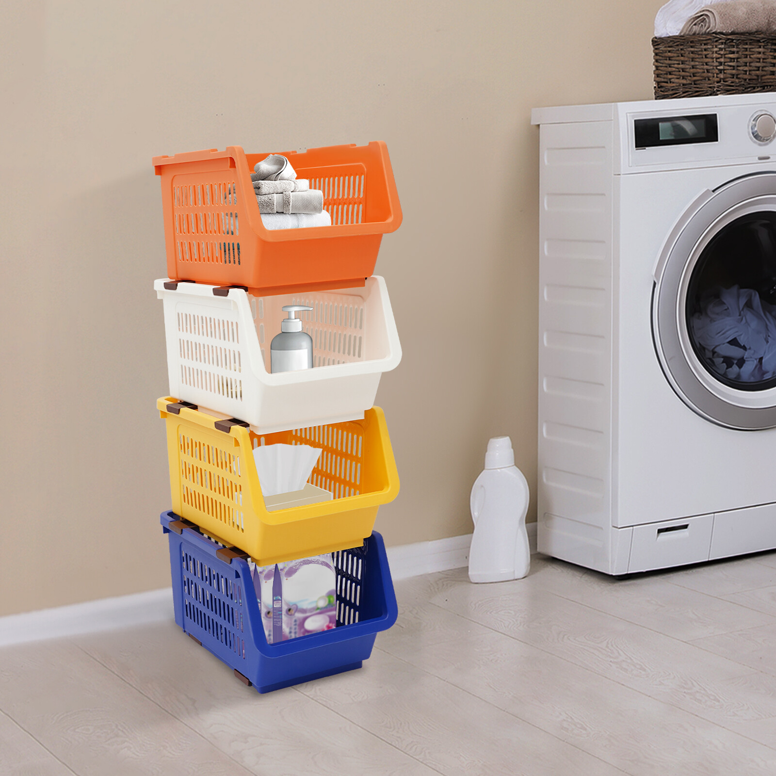 4 PCS Stacking Storage Baskets, Multi-tiered Plastic Stackable Organizer Bins