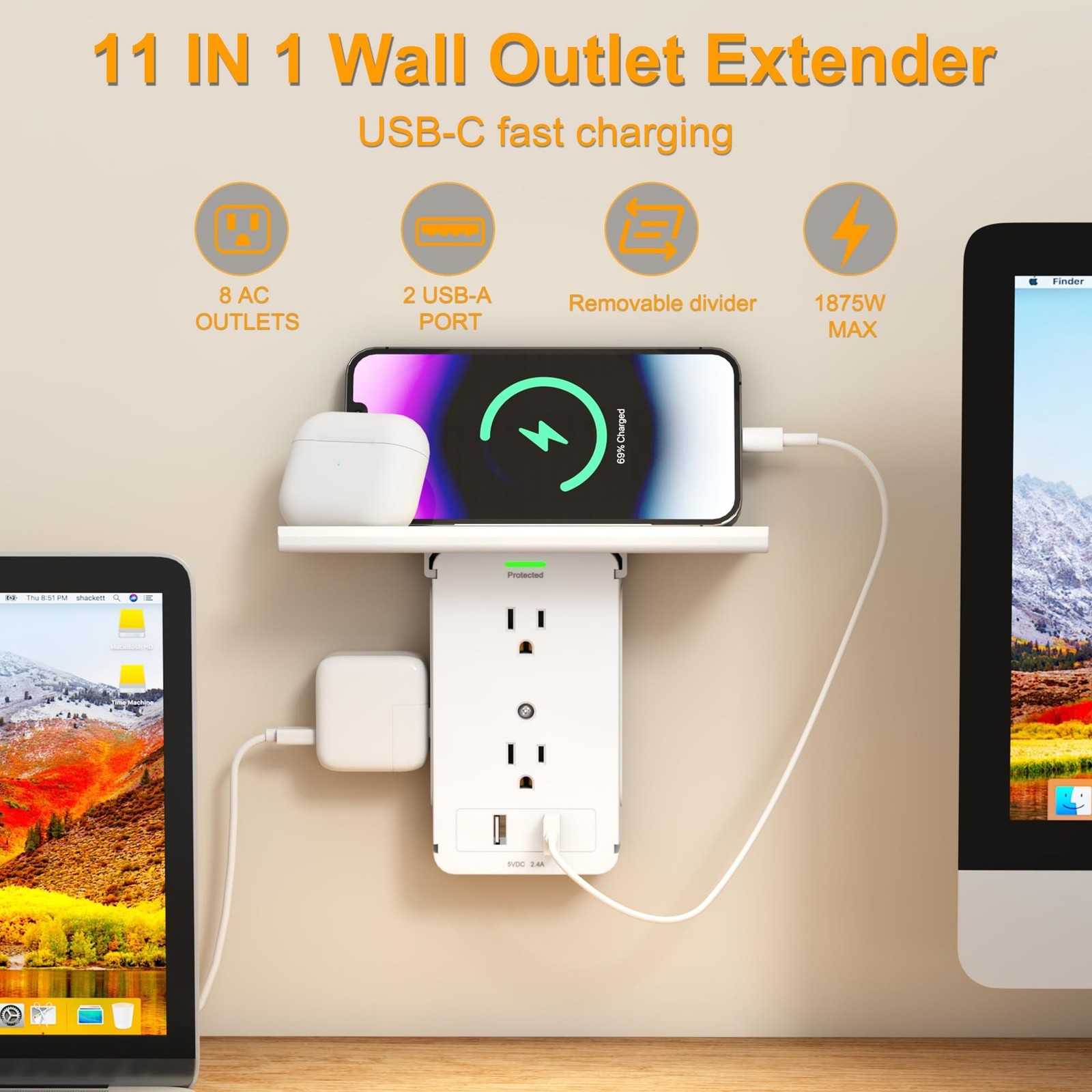 Socket Wall Shelf-CFMASTER 10 Port Surge Protector Wall Outlet, 8 Electrical ...