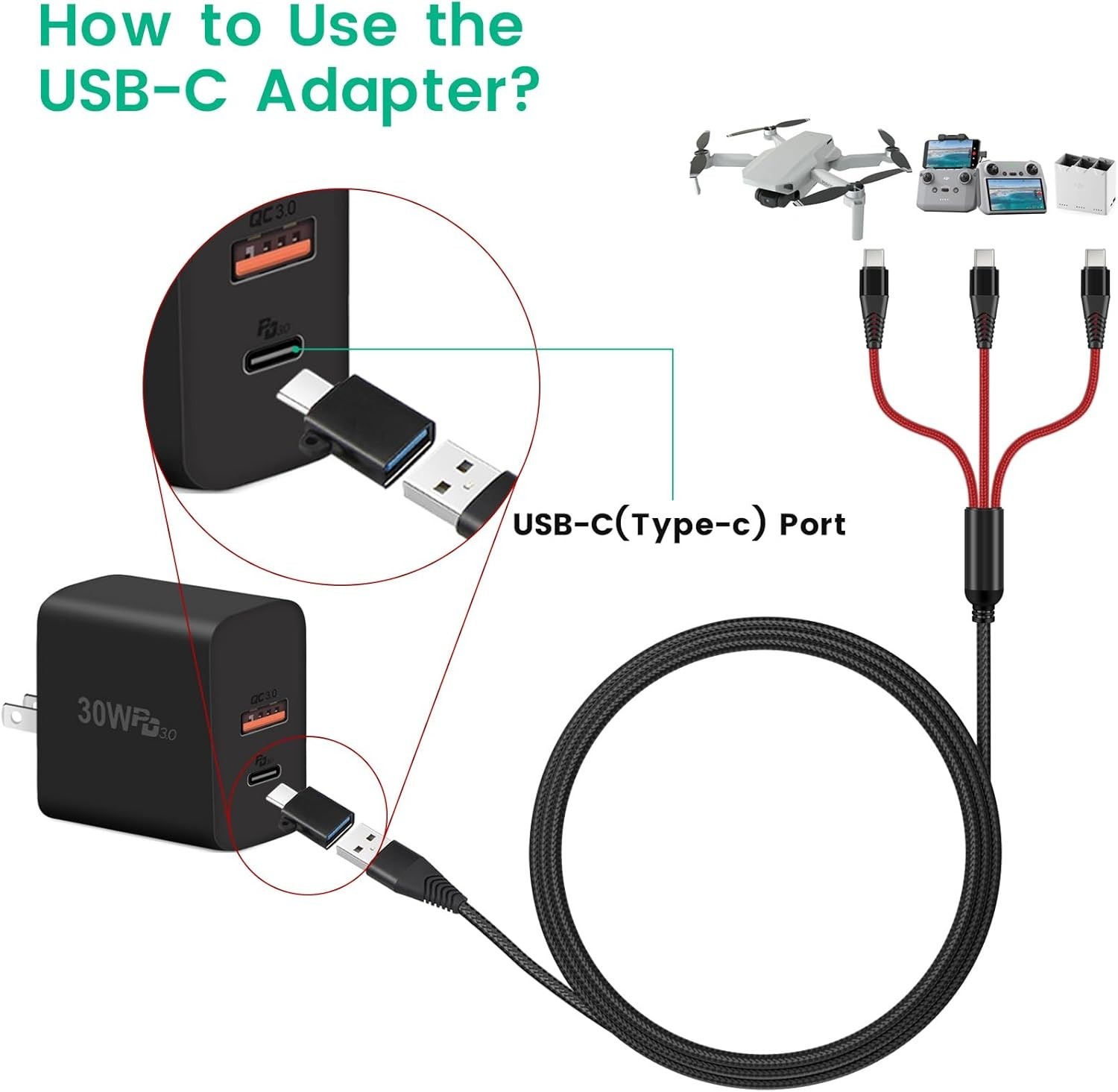 Versatile DJI Drone Charger - 3A USB-C Fast Charging Cable for Multiple Devices