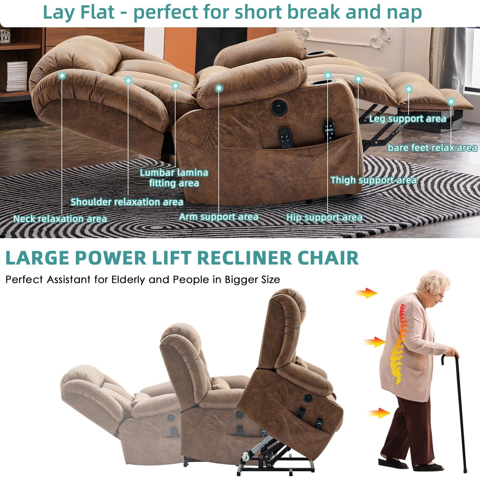 Oversized Dual Motor Power Lift Chair Lay Flat Lift Recliner with Massage & Heat