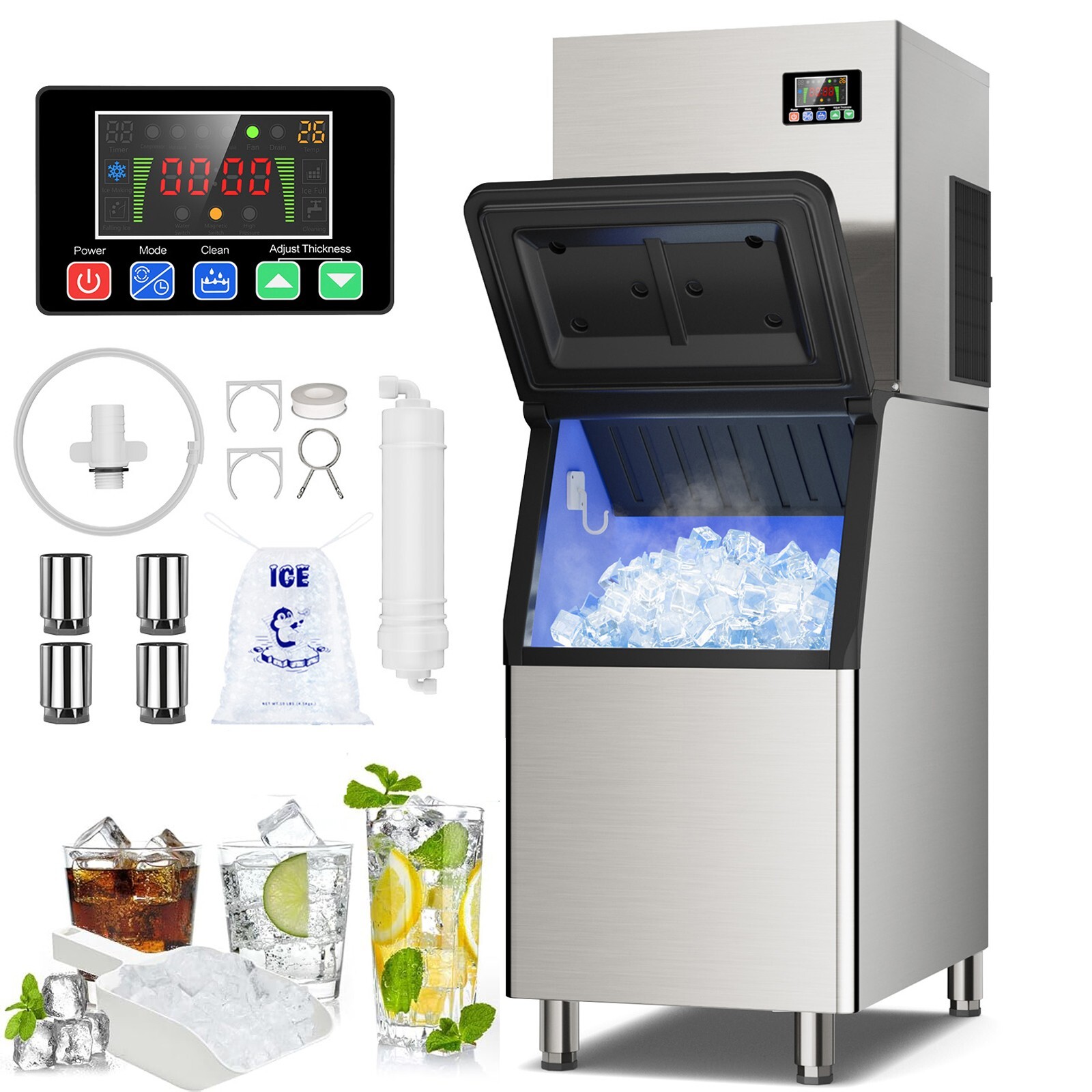 680LB/24H Commercial Ice Maker Machine 560LBS Large Storage Bin Auto Cleaning