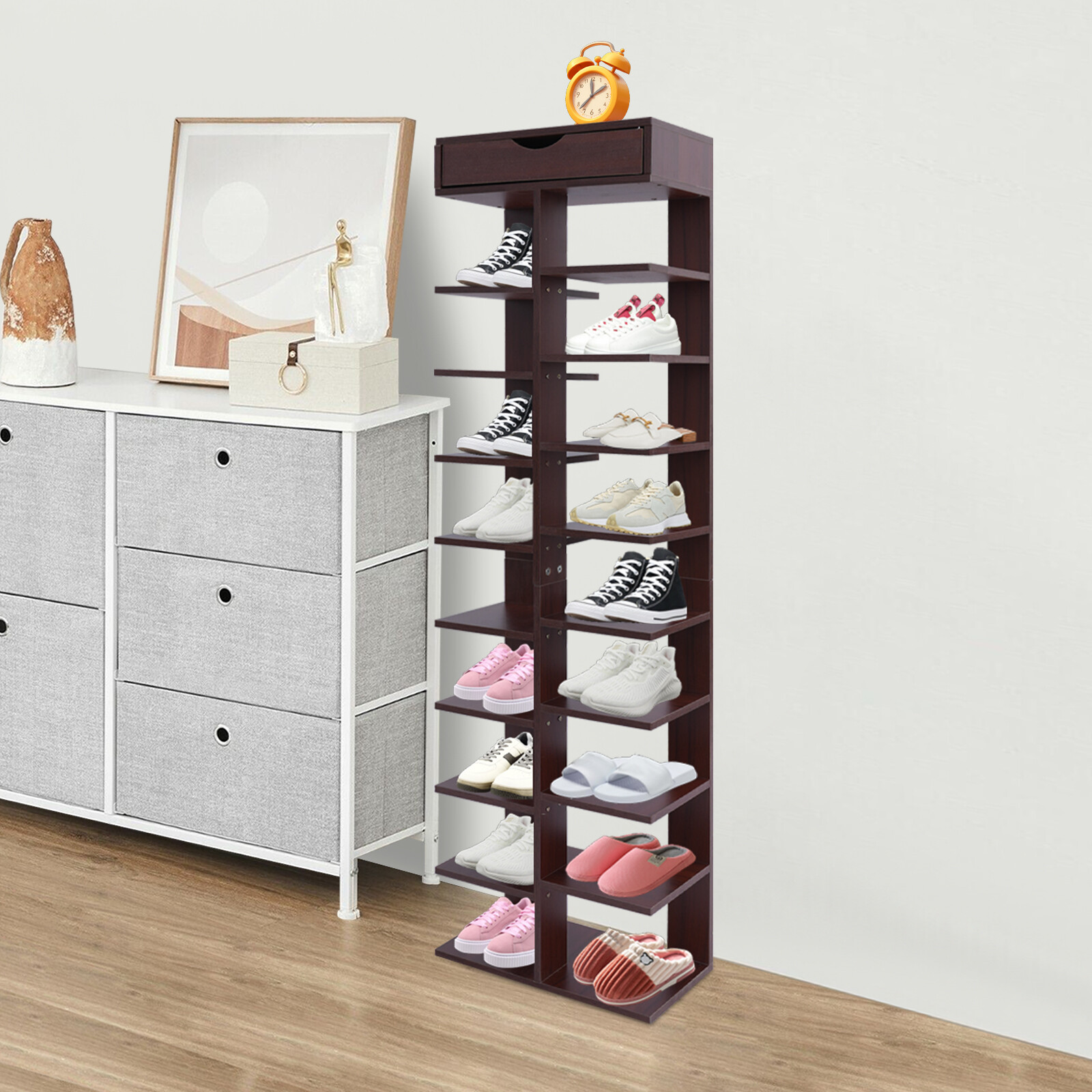 10 Tiers Vertical Shoe Rack Shoe Storage Rack with 18 Compartments 40*22*141cm