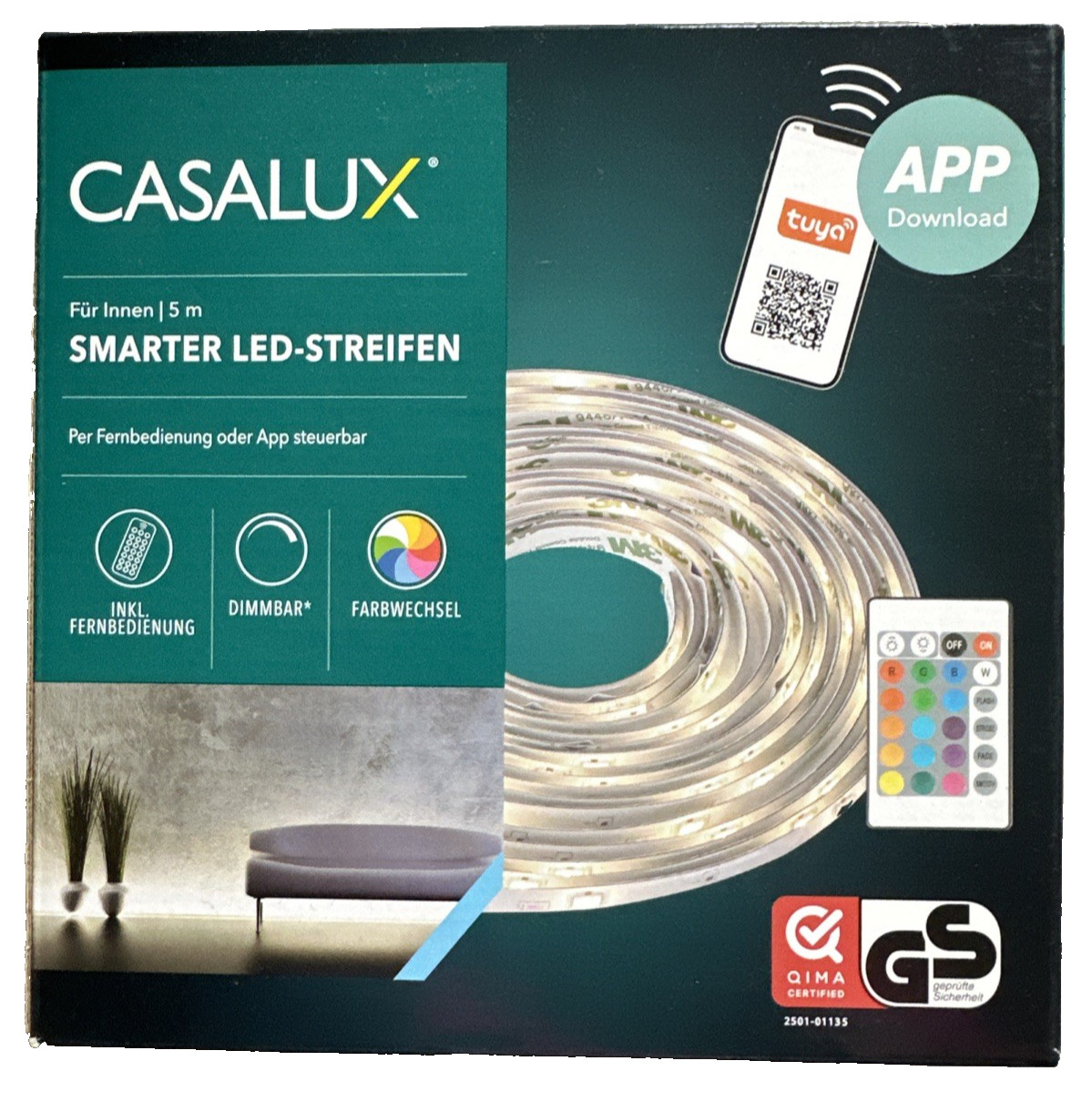 Casalux Smart App LED RGB Strip, 5m, can be shortened, Dimmable, with Remote Control., New & Original Packaging