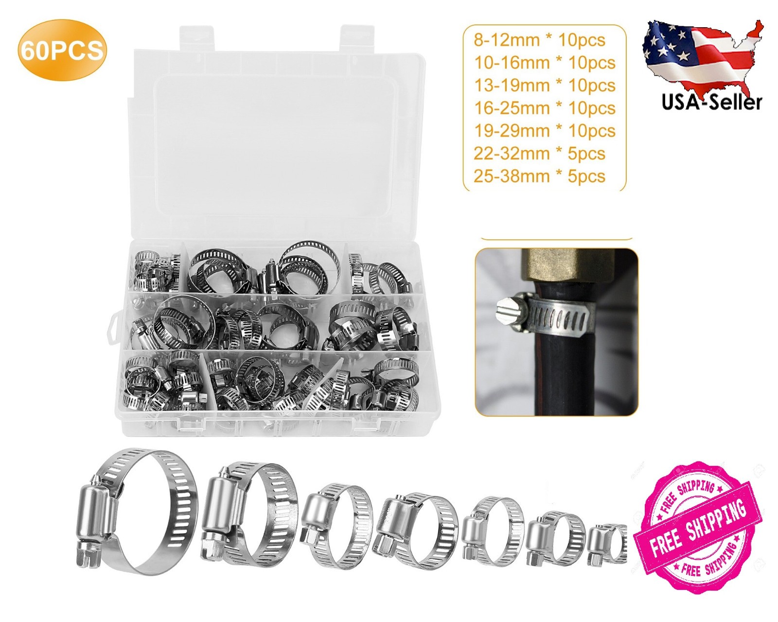 60-Pieces Stainless Steel Worm Gear Hose Clamp Set Assortment Mechanical