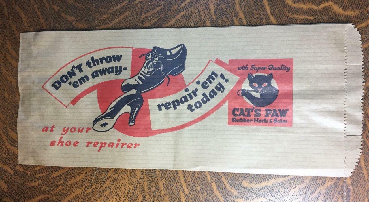 Antique Vintage CAT'S PAW Shoe Repair Advertising Bag Rubber Heels and Soles NOS