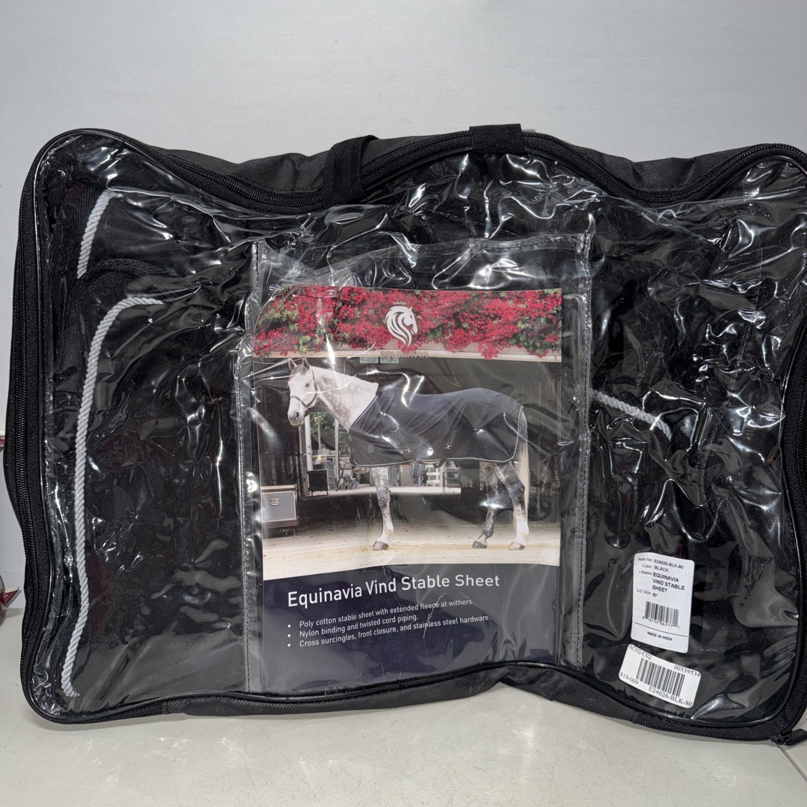 E24026-BLK-80  Equinavia Vind Stable Sheet - BLACK GREY PIPING  NEW
