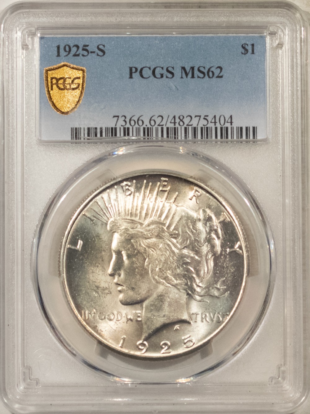 1925-S $1 PEACE DOLLAR - PCGS MS-62, BLAST WHITE!