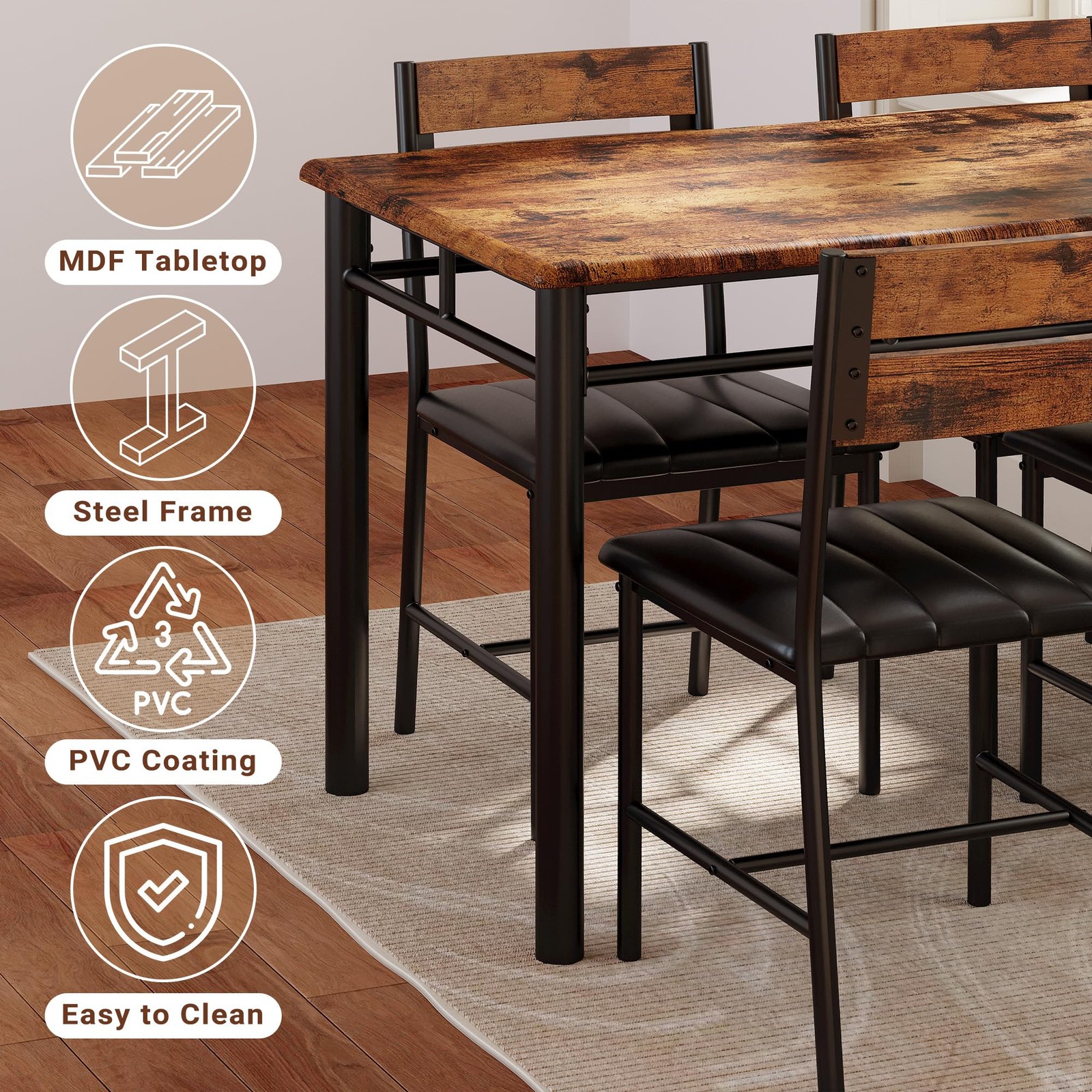 IRONCK Dining Table Set for 4, Wood Kitchen Table with Upholstered Chairs for Ki