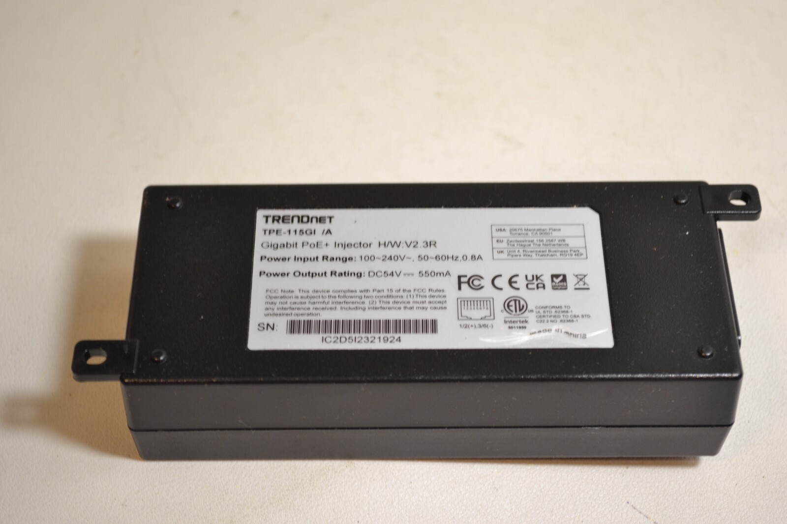 TRENDnet Gigabit PoE+ Injector, H/W v2.3R, Black, TPE-115GI